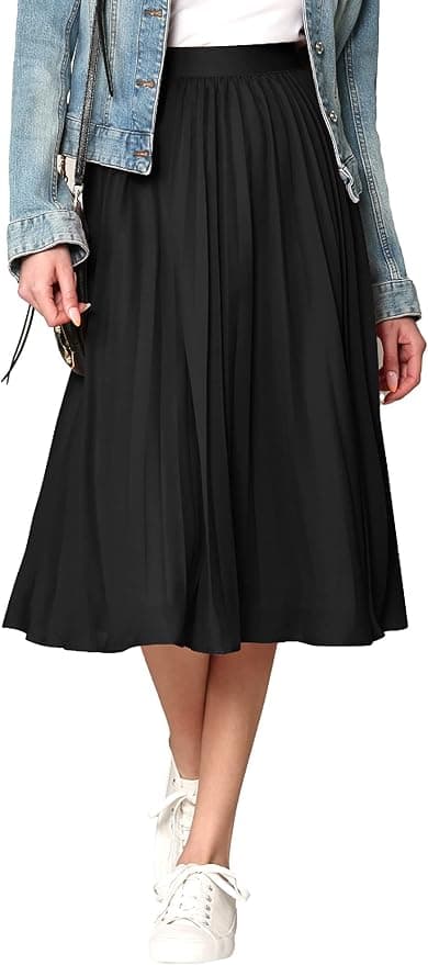 Jupe trapèze plissée mi-longue évasée à taille haute