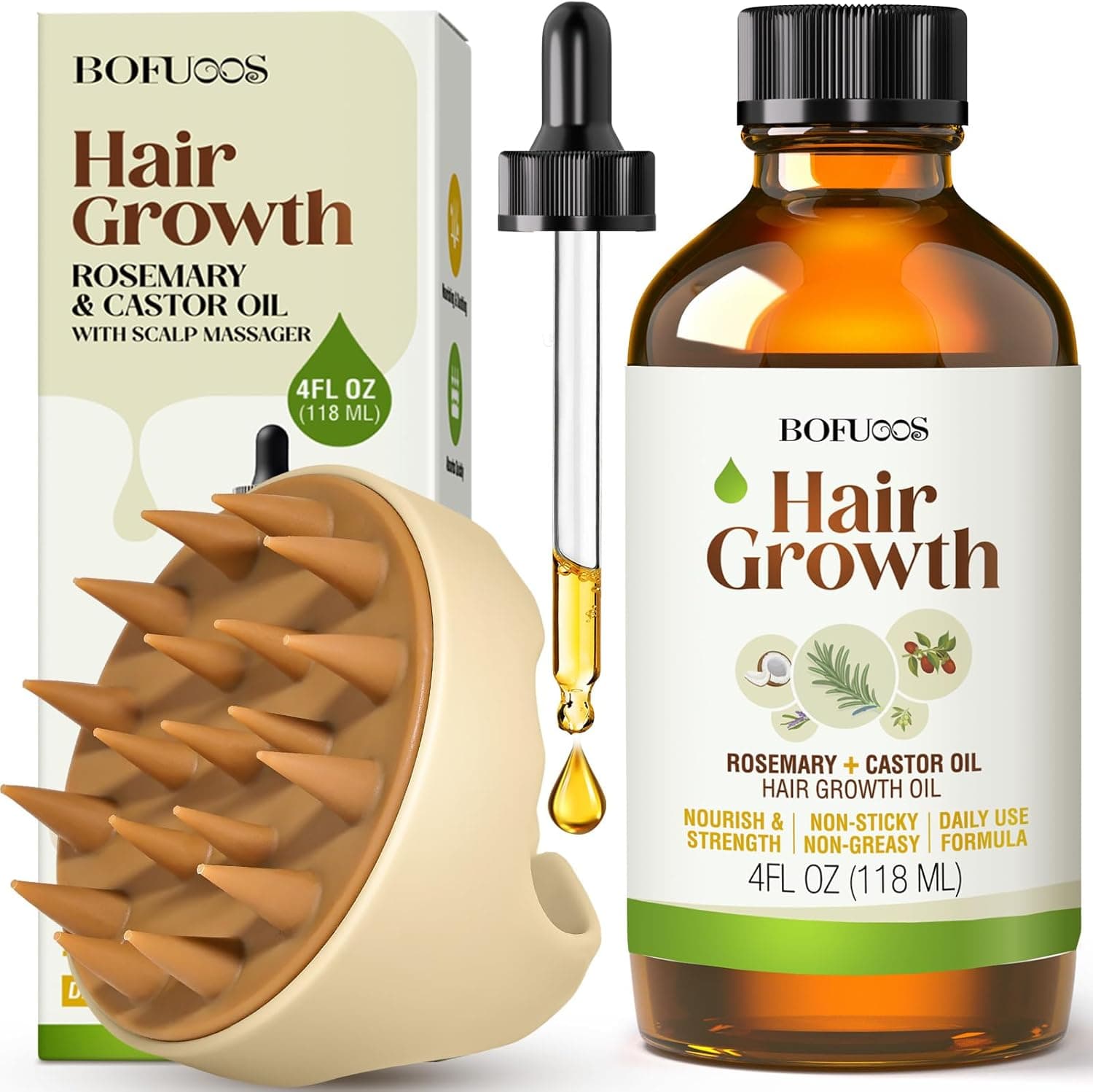 Huile de croissance des cheveux de romarin bio et de ricin + masseur du cuir chevelu