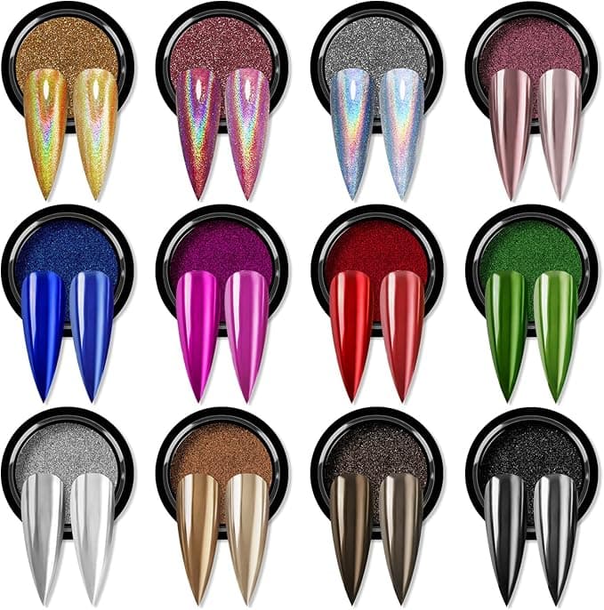 Lot de 12 poudres à ongles chromées métallisées Saviland