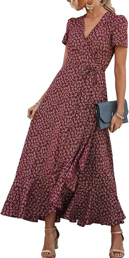 Robe d'été longue, rouge à fleurs
