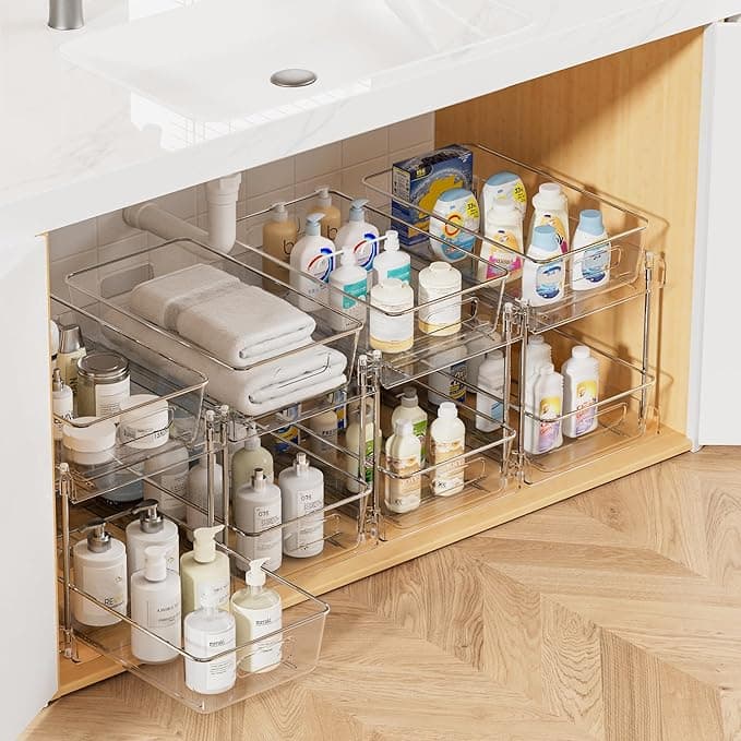 Lot de 4 organiseurs de rangement à 2 niveaux transparents sous évier