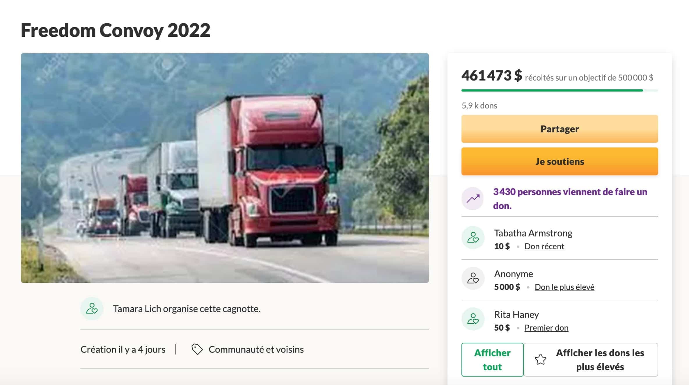 Un Gofundme a même été lancé par le mouvement. Les organisateurs avaient amassé plus de 460 000$ mercredi après-midi.