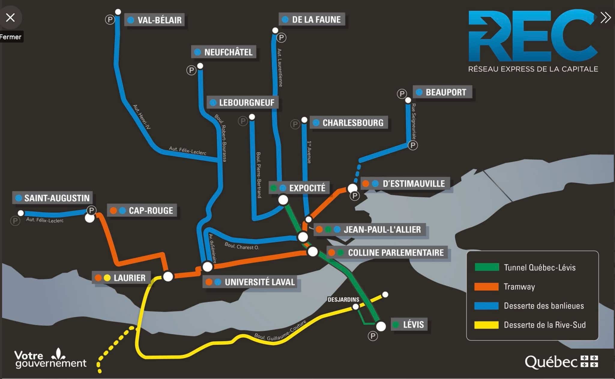 Cette carte montre le futur «Réseau express de la Capitale», qui a été concocté par le gouvernement Legault et qui regroupe entre autres le troisième lien et le tramway.