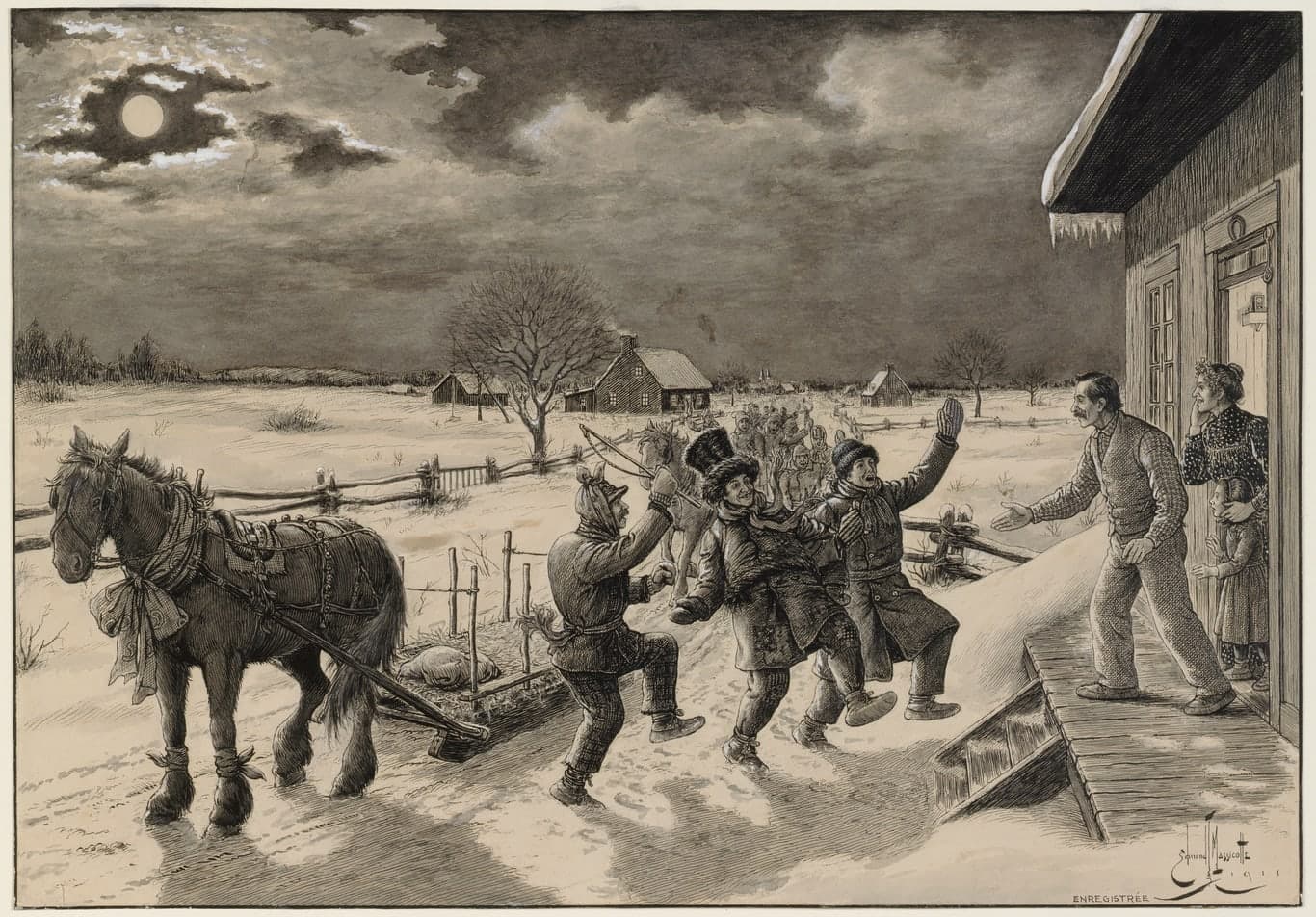 En Nouvelle-France et pendant longtemps, au Québec, les habitants fêtaient les jours gras qui précédaient le mercredi des Cendres et le début du carême. En 1663, le tremblement de terre, interprété comme un châtiment divin, a fait en sorte que le Mardi gras fut souligné dans la sobriété. Dessin d’Edmond-Joseph Massicotte intitulé Le Mardi gras à la campagne.
