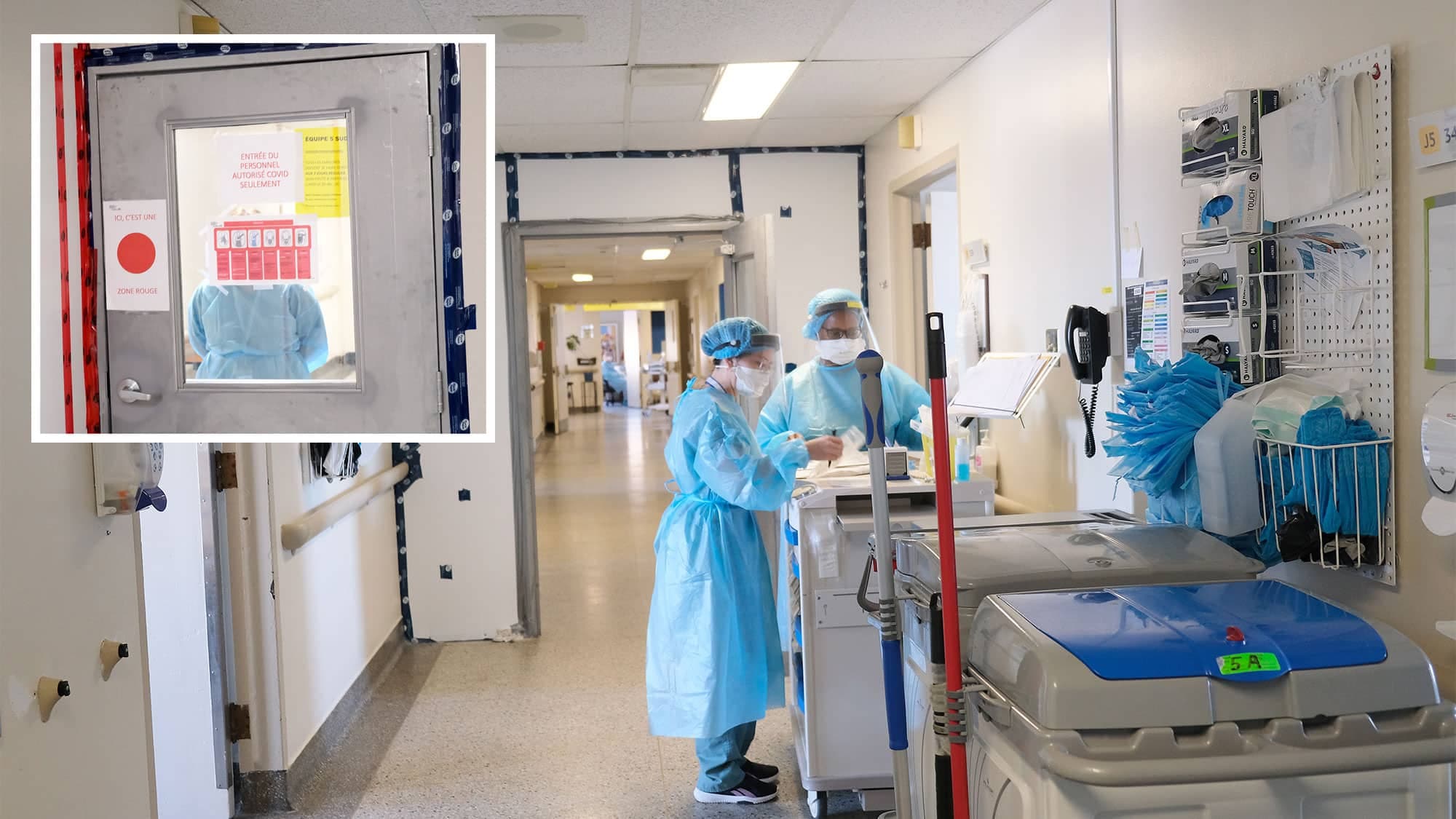 Deux employées préparent la médication de patients dans la zone rouge (en mortaise) du 5,[object Object], étage sud de l’Hôpital de Verdun.