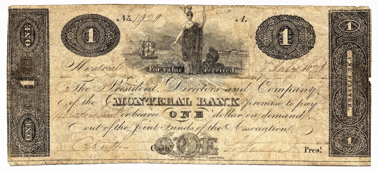Le dollar de la Montreal Bank de 1821 présente l’image de Britannica (personnification féminine de la Grande-Bretagne) près d’un navire, symbole du commerce.