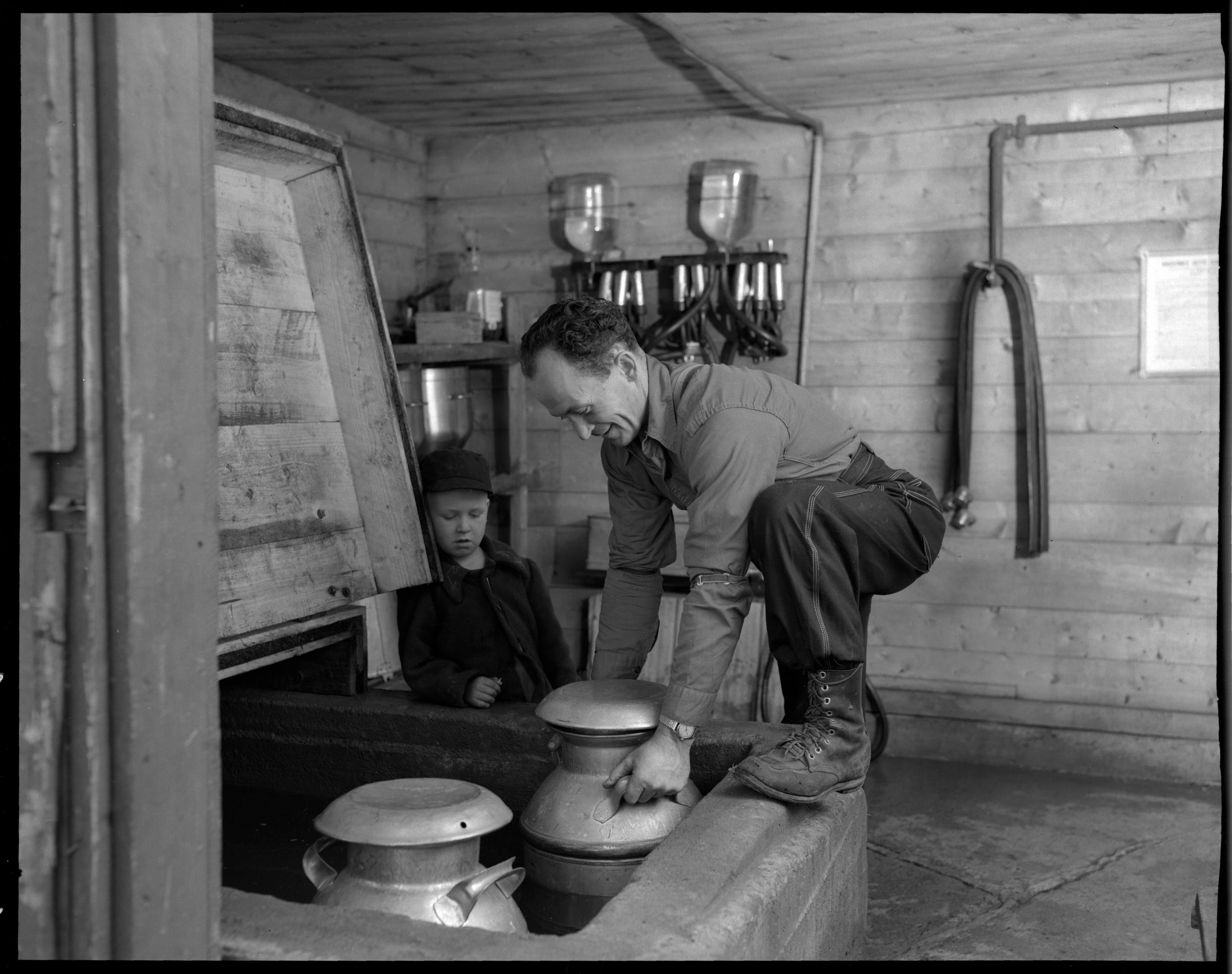 Paul Potvin dans sa laiterie, Métabetchouan, 1954.
