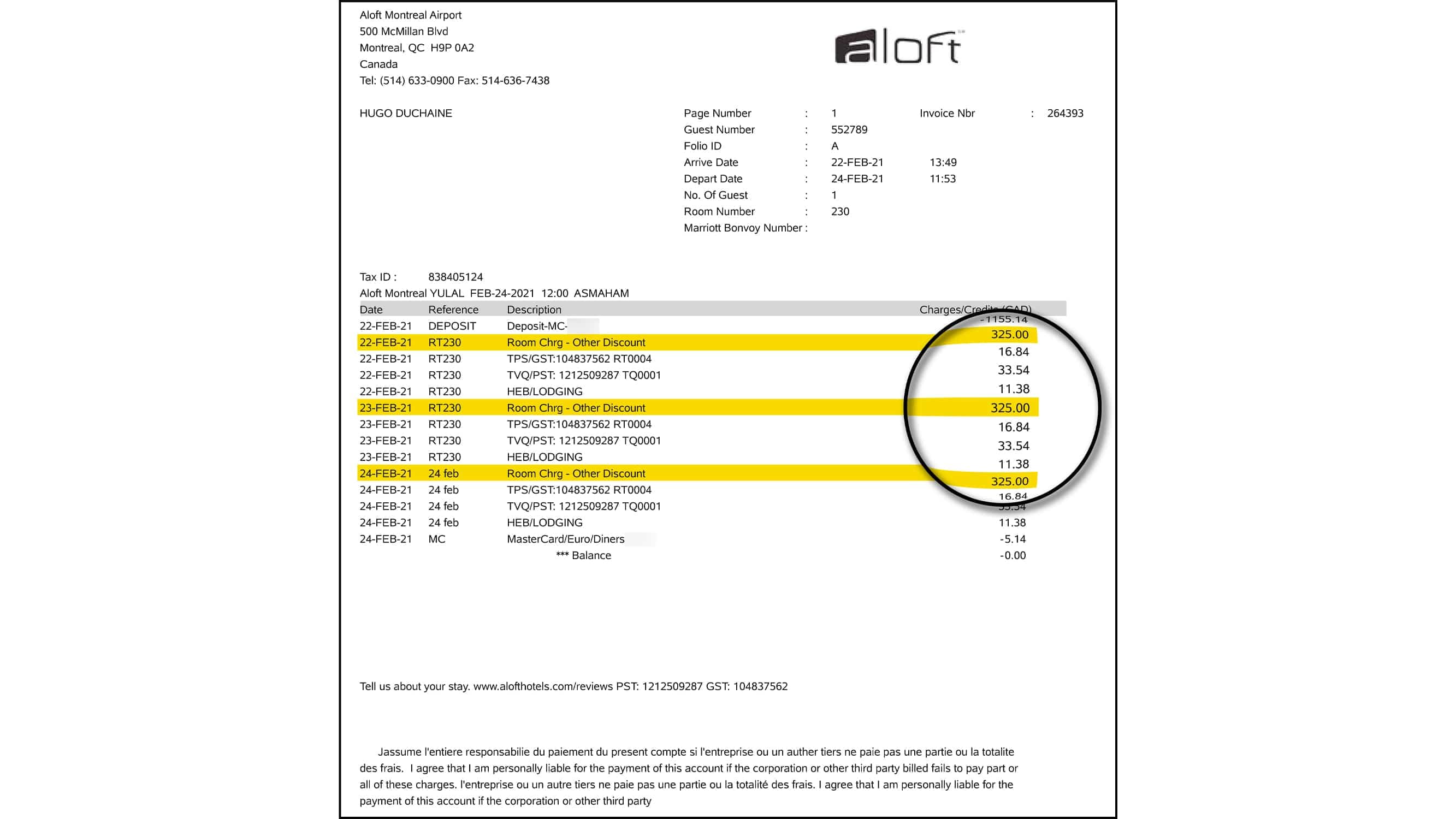 La facture où on constate que ,[object Object], a déboursé 1155 $ pour le séjour à l’hôtel, non remboursable, même s’il était de deux nuits, plutôt que trois.