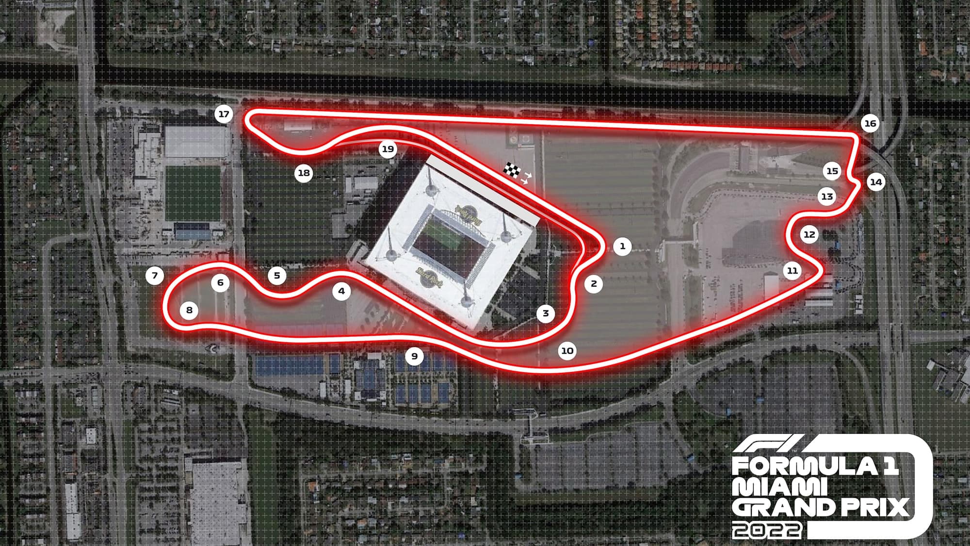 Une première image du circuit du Grand Prix de Miami 2022 avec ses 19 virages autour du Hard Rock Stadium où évoluent les Dolphins de Miami dans la NFL.