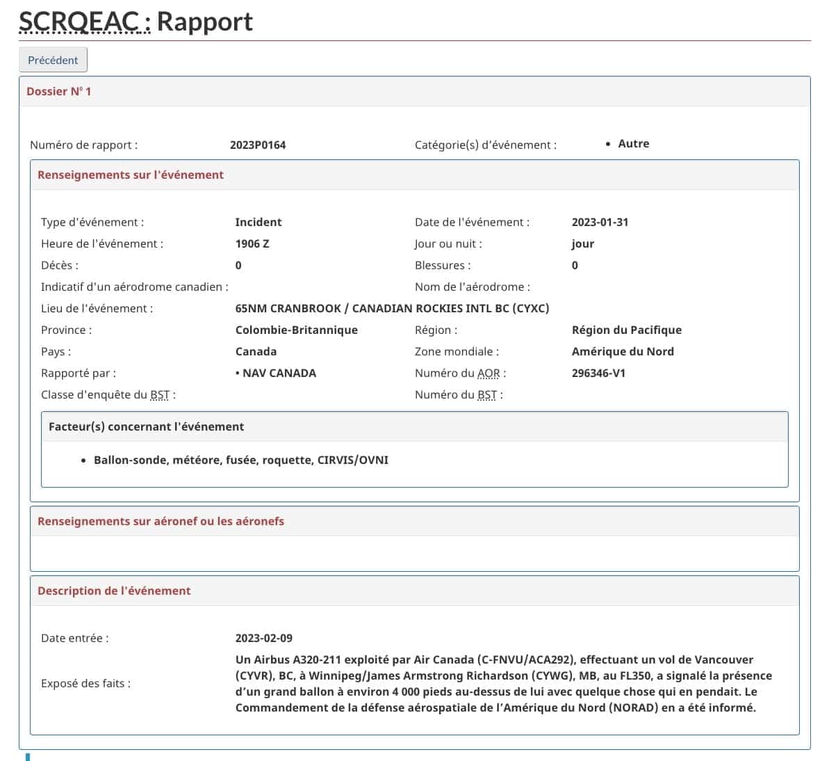 Capture d’écran des rapports de Transport Canada