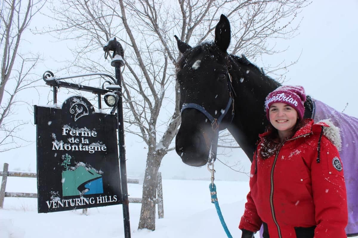 Anne-Marie Latter fait prendre l’air à son cheval, London, lui qui a été frappé par le virus le samedi 13 février 2021 à la ferme équestre Venturing Hills de Luskville, dans l'Outaouais.