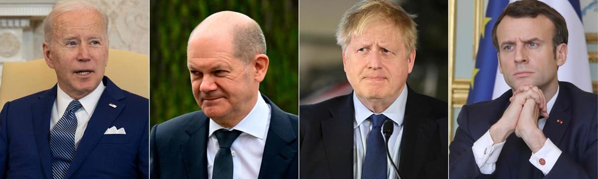 Le président américain Joe Biden, le chancelier allemand Olaf Scholz, le premier ministre britannique Boris Johnson et le président français Emmanuel Macron.