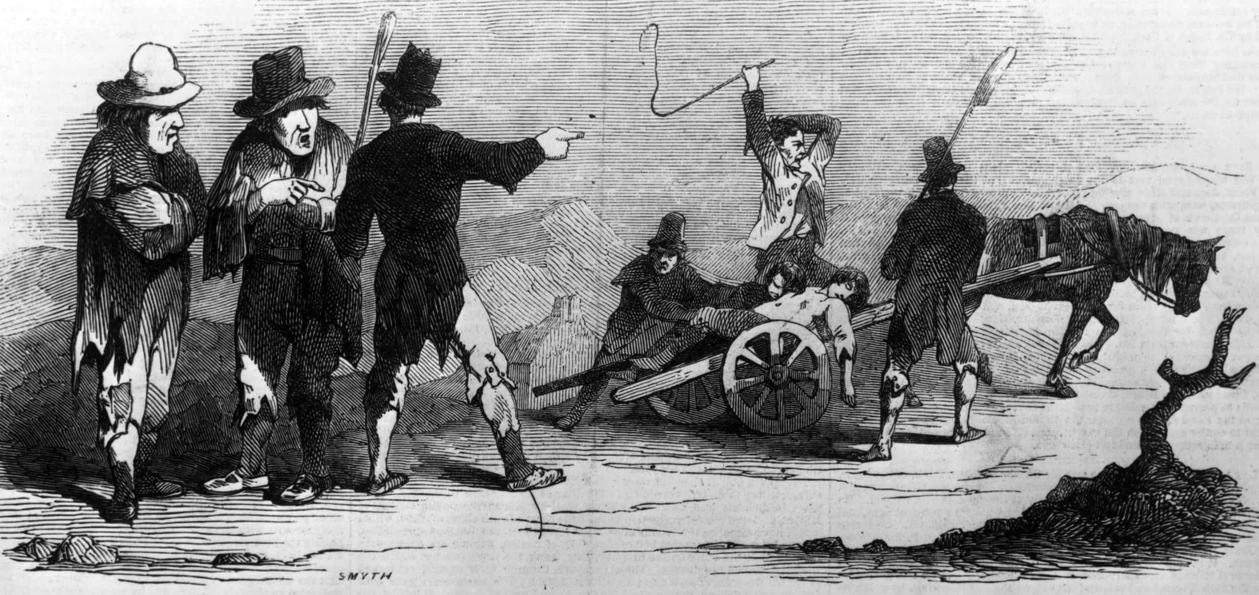 «La Famine en Irlande, funérailles à Skibbereen», dessin de Frederick James Smyth paru dans The Illustrated London News, le 30 janvier 1847.