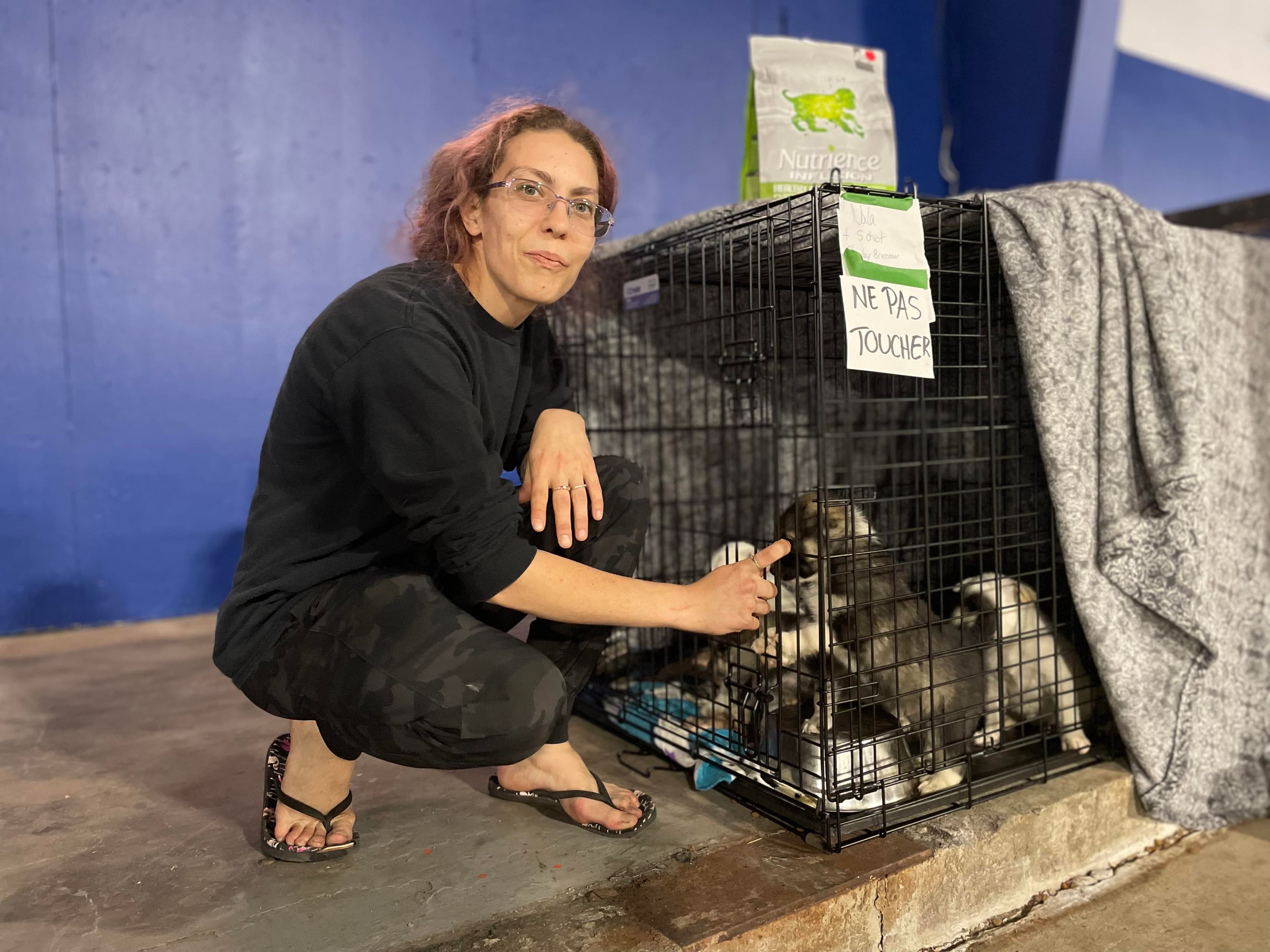 Jessica Lacharité Beauchamp, employée de la SPCA de Val-d'Or, et une portée de chiots d'un mois.