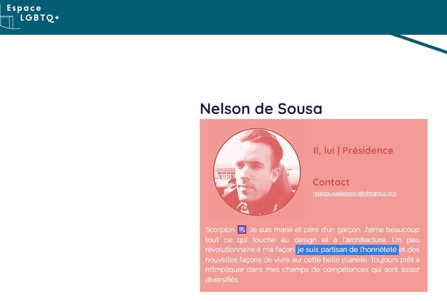 Le profil de Nelson De Sousa désormais supprimé du site de l'organisme. Il affirmait ici être un «partisan de l'honnêteté».