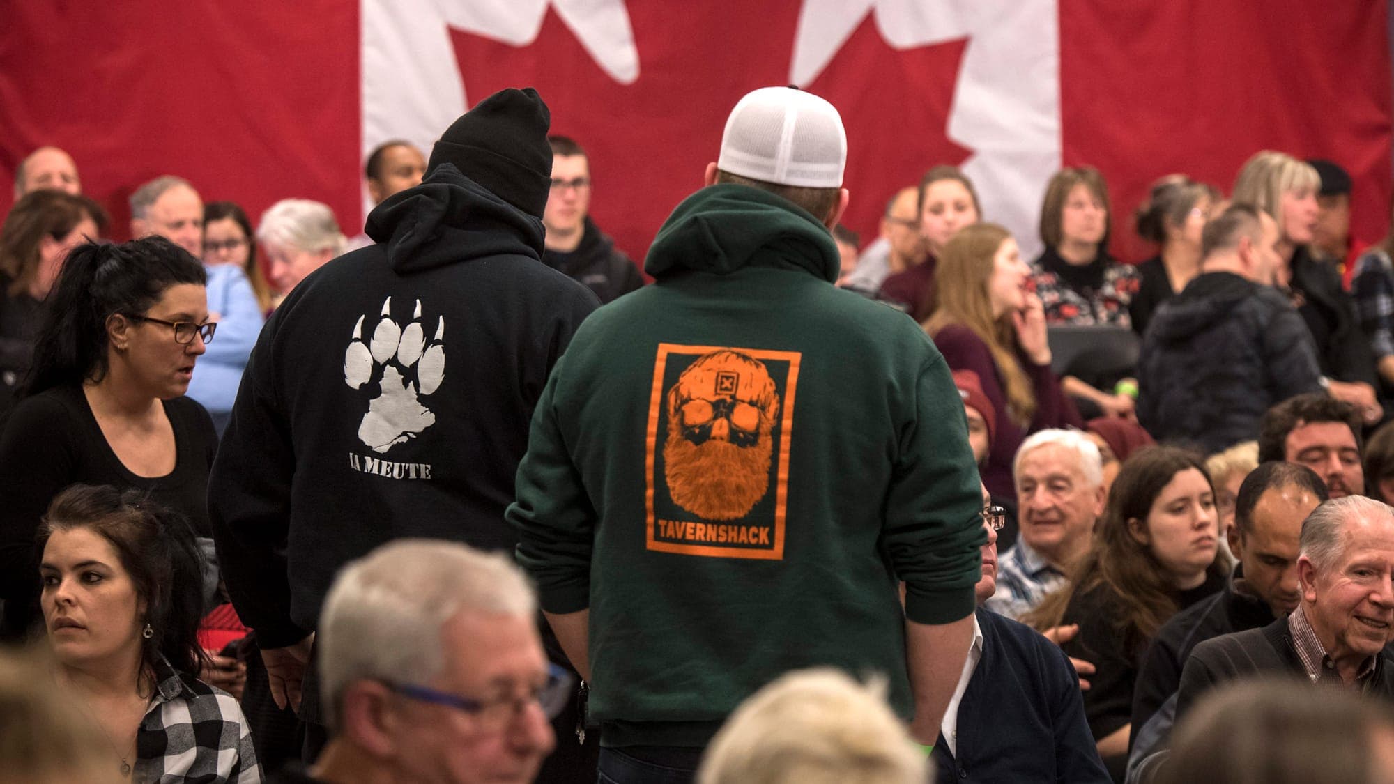 Des membres de La Meute ont assisté, le 18 janvier 2019, à une assemblée du premier ministre du Canada, Justin Trudeau à Saint-Hyacinthe.