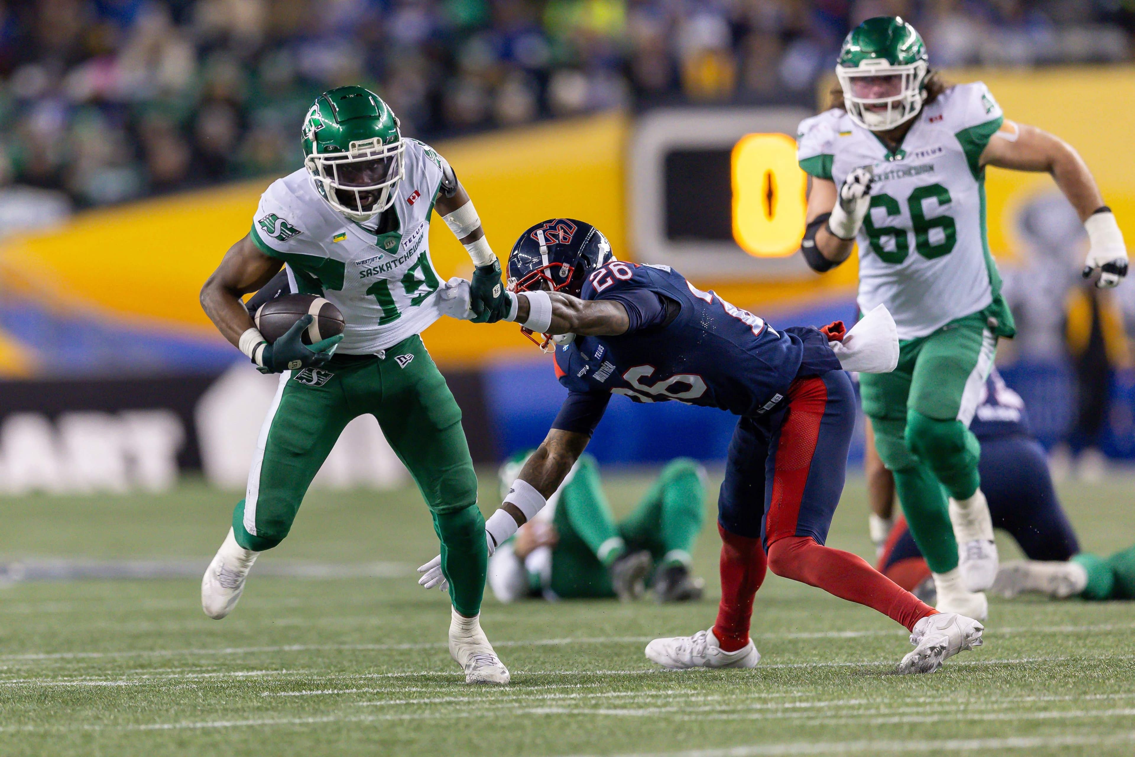Samuel Emilus, receveur de passes des Roughriders, a connu un excellent match, le dimanche 16 novembre 2025 à Winnipeg, lors de la finale de la Coupe Grey remportée par la formation de la Saskatchewan contre les Alouettes de Montréal.