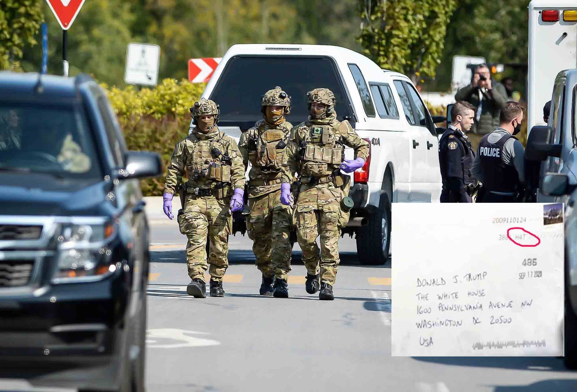 Le logement de Pascale Ferrier à Longueuil a été perquisitionné lundi par la Gendarmerie royale du Canada à la demande du Federal Bureau of Investigation. En mortaise, sur l’enveloppe contenant la lettre empoisonnée envoyée au président américain, Donald Trump, on y voit une partie du code postal H4T, un secteur de Montréal.