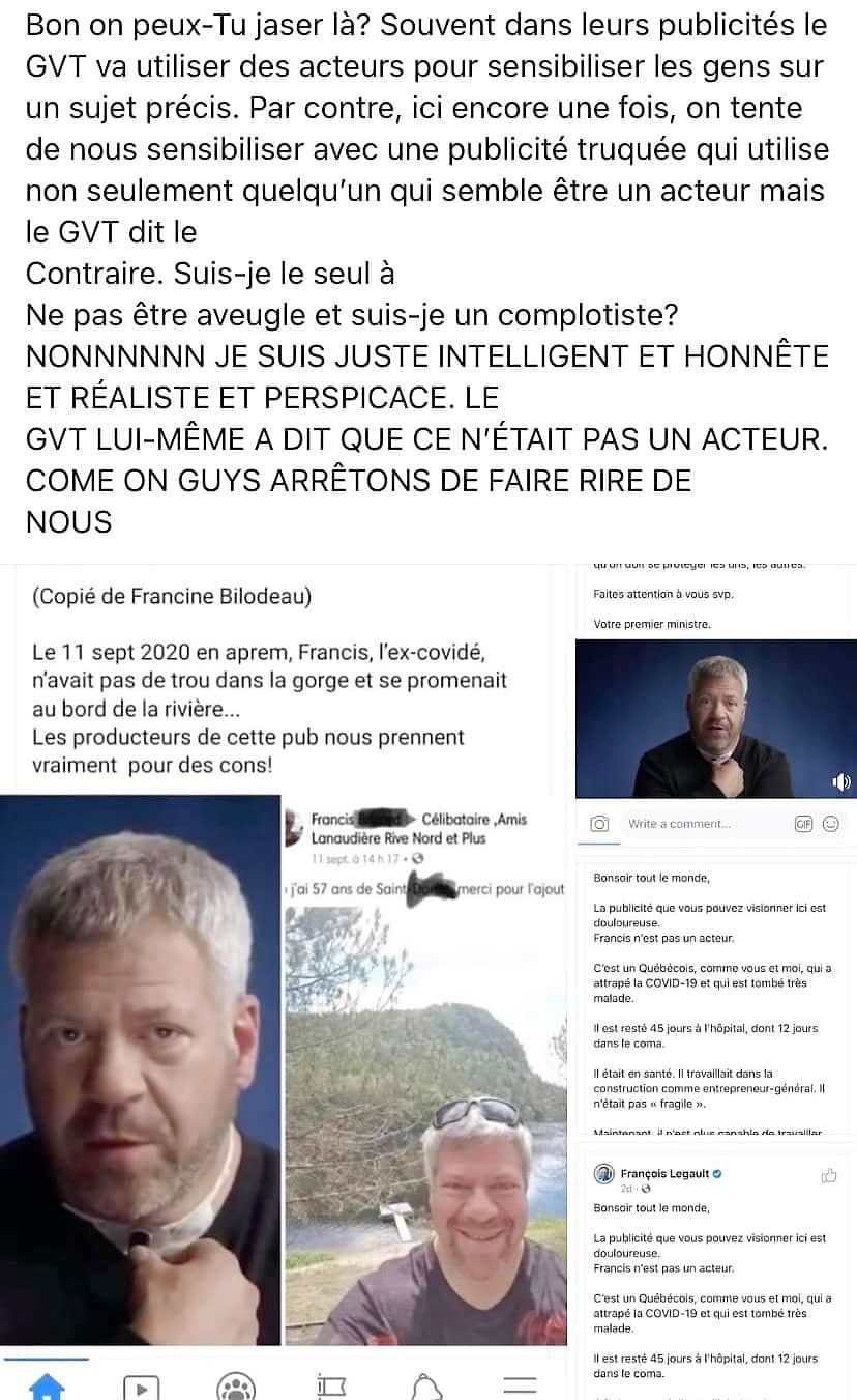 L’un des complotistes accuse ici, sur Facebook, Francis Brizard de mentir. L’homme est un survivant de la COVID-19 qui a dû subir une trachéotomie à cause de cette maladie.