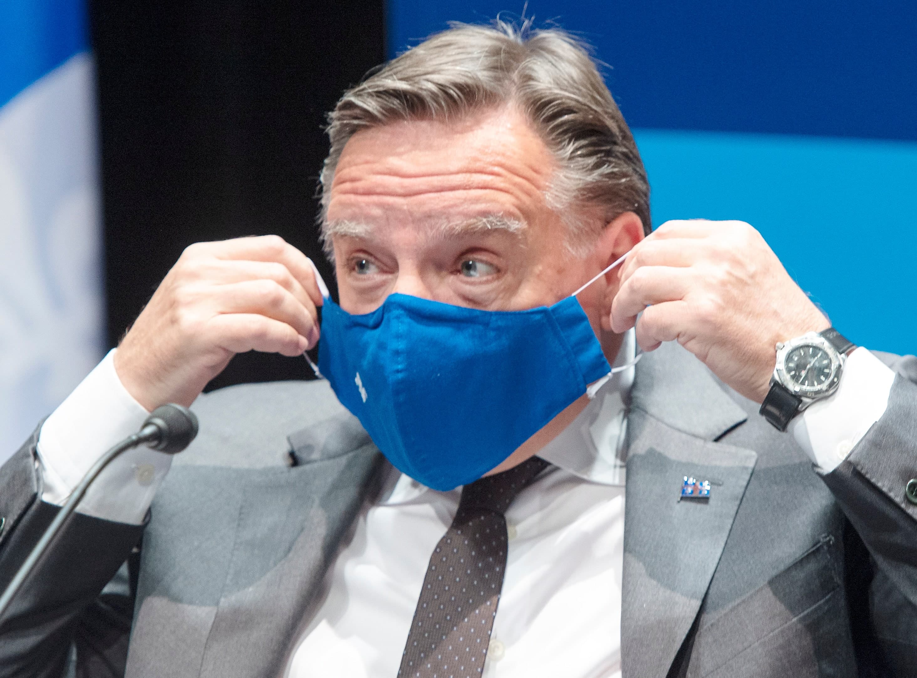 Le premier ministre du Québec, François Legault, en point de presse, lundi, à Montréal.