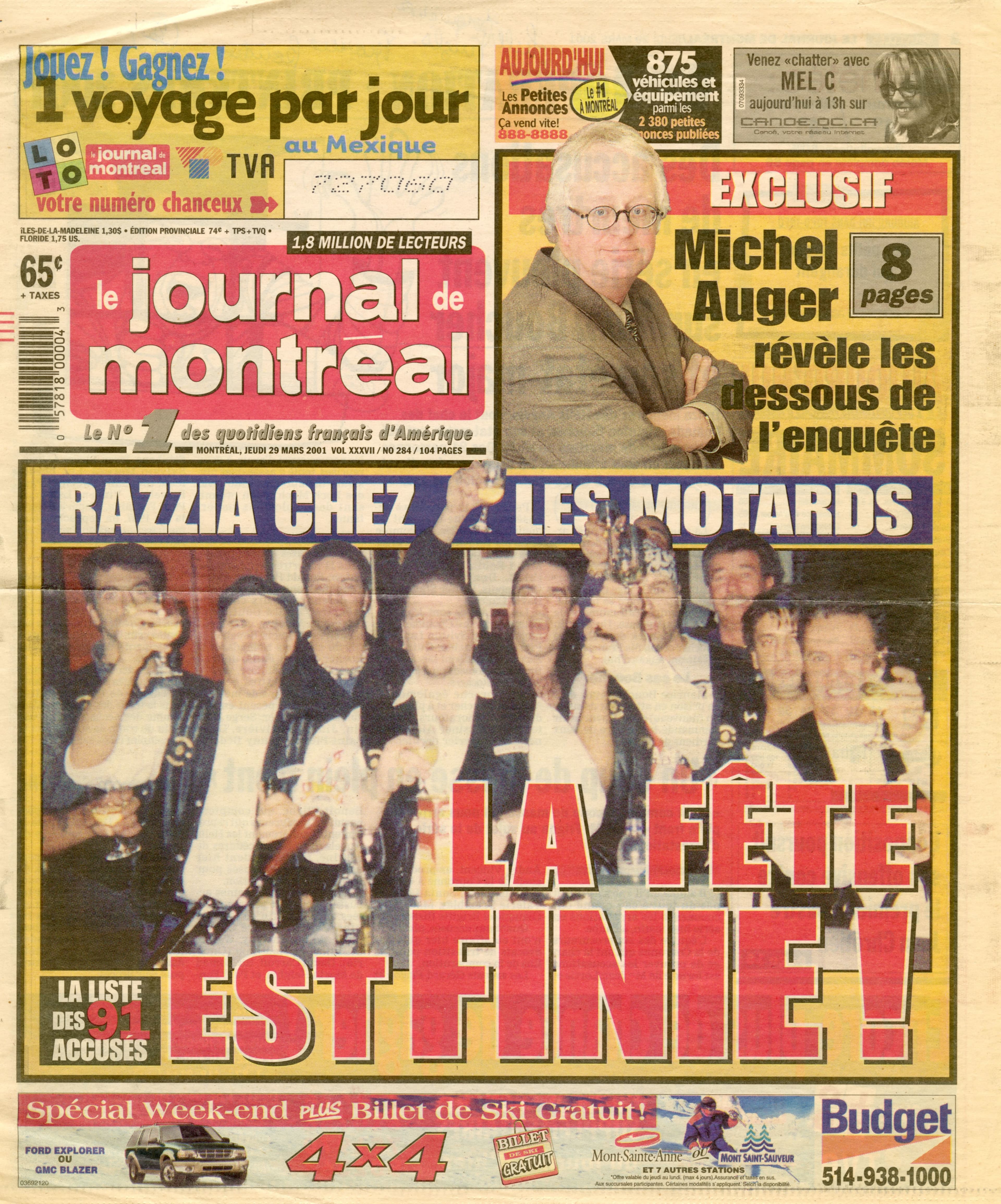 La une du Journal du Montréal au lendemain de la rafle policière, titrant « La fête est finie ! ».