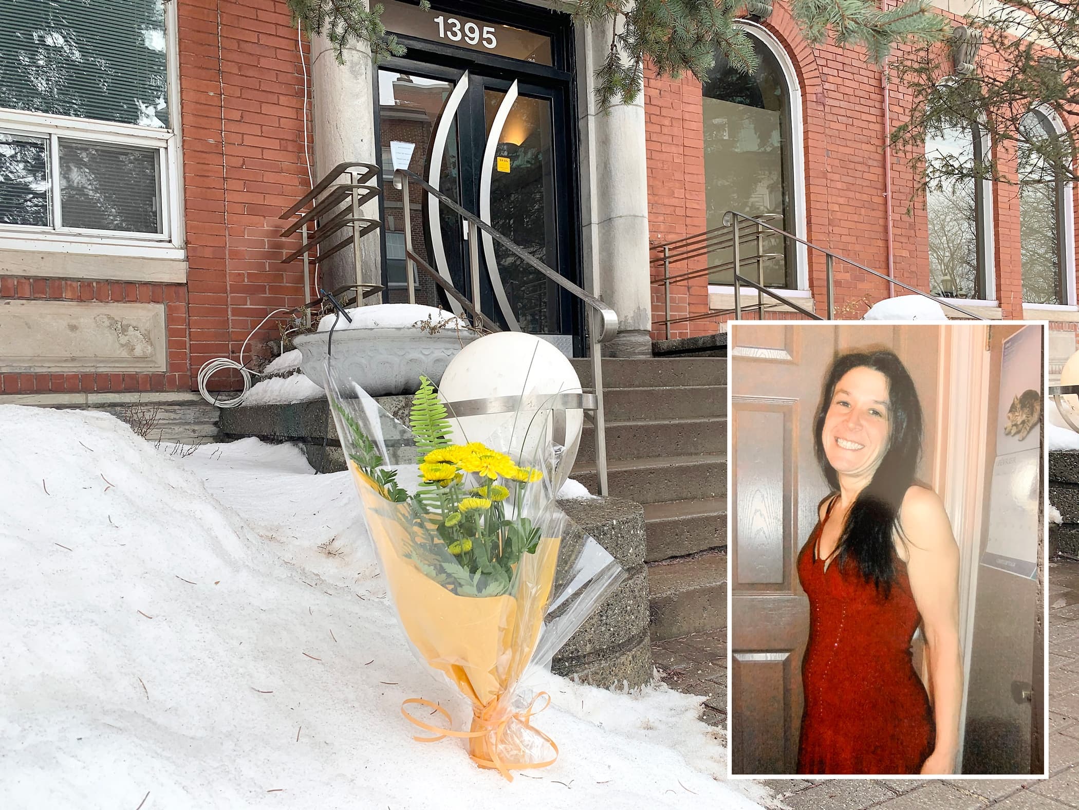 Des fleurs ont été déposées mercredi devant l’édifice où résidait la victime, Nancy Roy (en mortaise), tuée mardi à Saint-Hyacinthe.