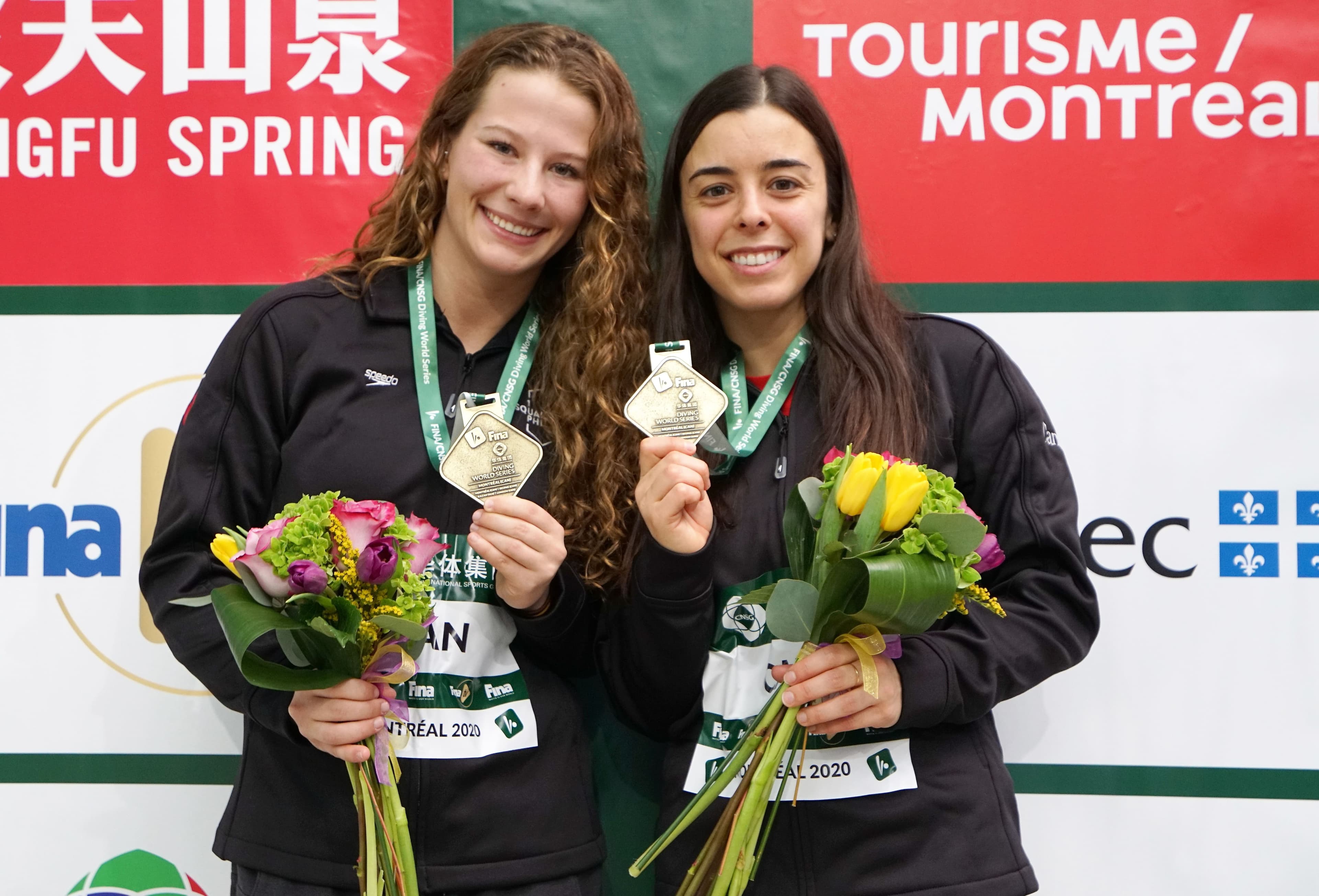Caeli McKay et Meaghan Benfeito lors d’une compétition de la FINA à Montréal en février 2020.
