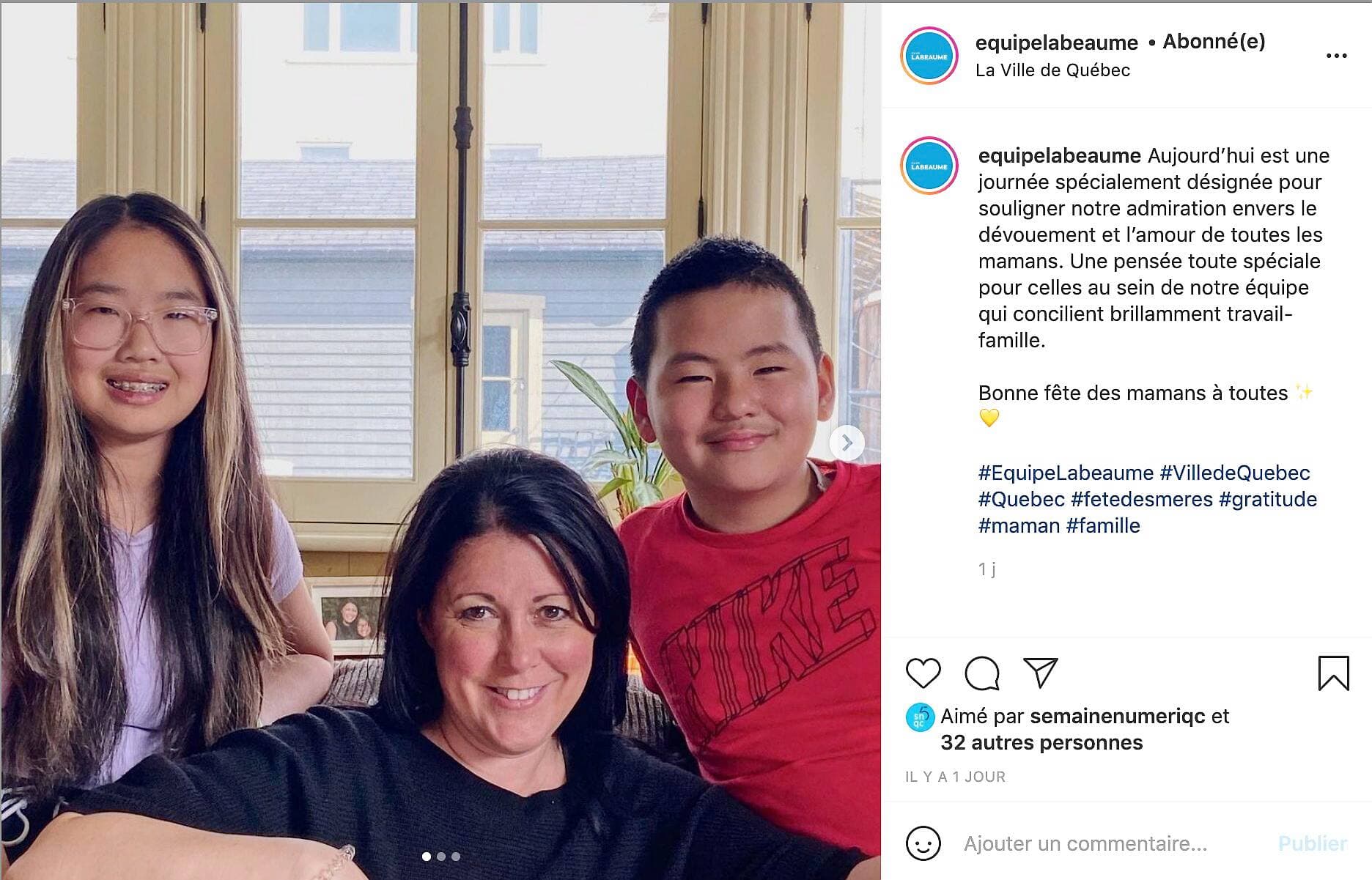 Dimanche, la page Instagram de l’Équipe Labeaume a célébré la fête des Mères en publiant une photo de Marie-Josée Savard accompagnée de ses deux enfants.