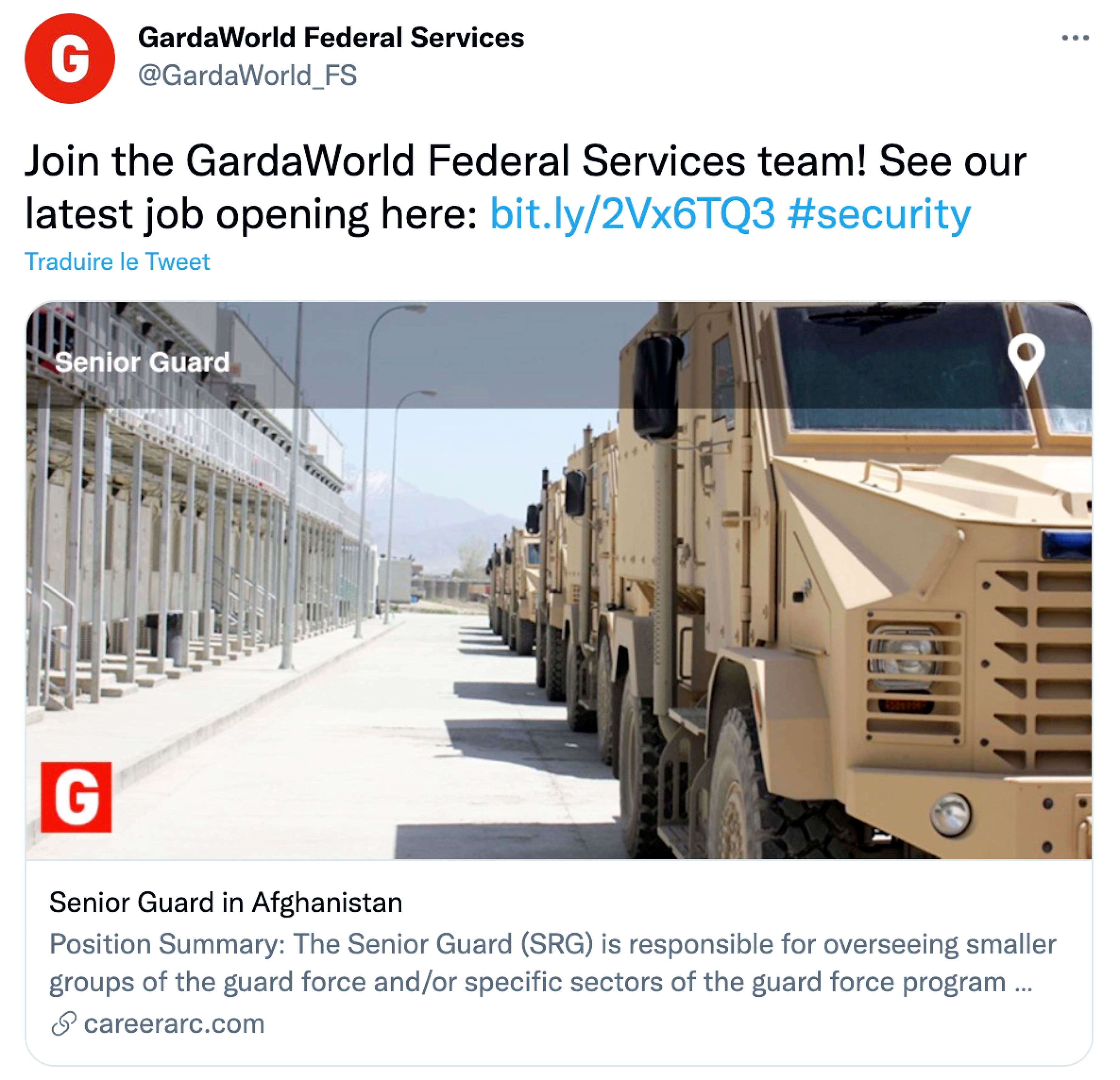 Une publicité récente de Garda visait à recruter des employés en Afghanistan.