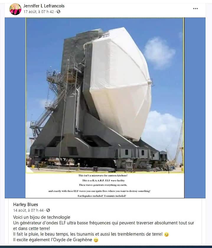 Jenniefer Lefrançois a publié cette image d’un radar antimissile américain plutôt décrit comme un générateur d’ondes créant des tremblements de terre et des tsunamis.