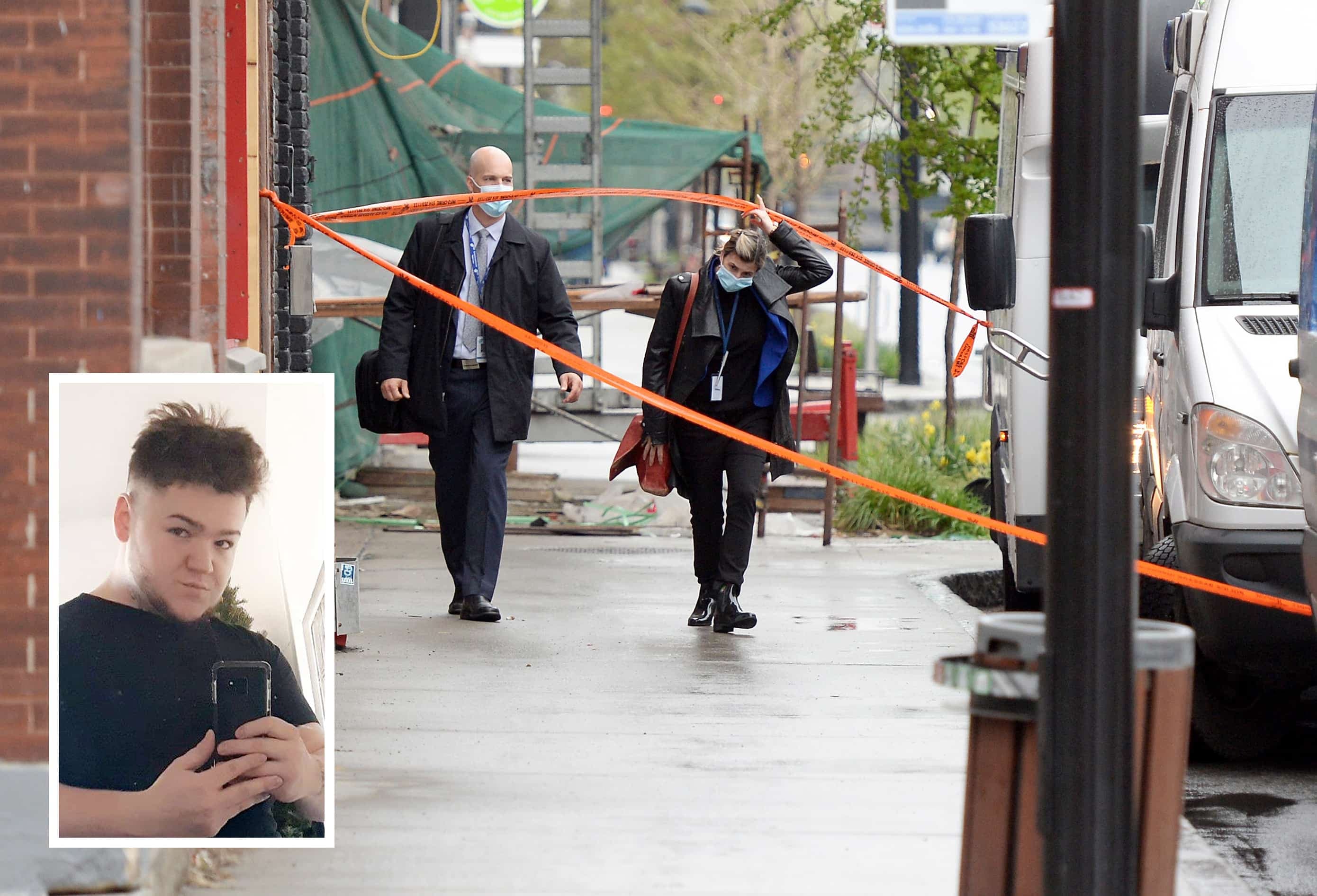 Des enquêteurs de la police de Montréal avaient déployé un poste de commandement sur la rue Ontario pour tenter d’élucider le meurtre de Bardia Gorji, 38 ans, en mai 2021. En mortaise, Tommy Bradette a plaidé coupable à une accusation réduite d’homicide involontaire.