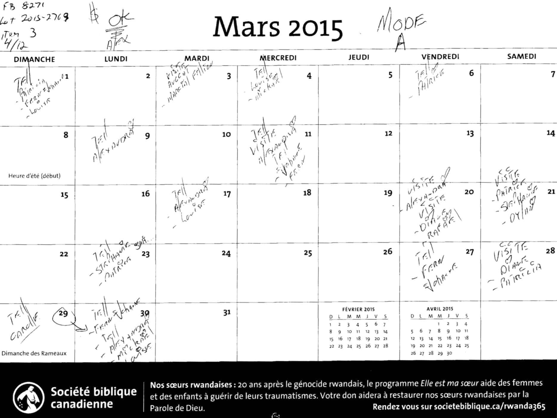 Boucher utilisait un calendrier de la Société biblique canadienne comme agenda où il notait toutes les visites de ses proches.