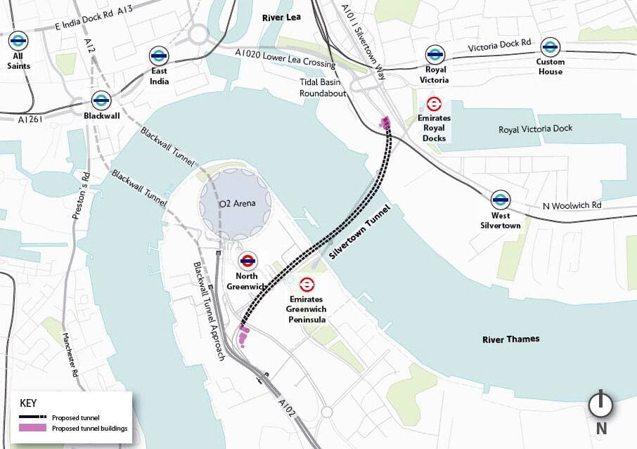 Sur la carte, on peut voir les deux tunnels actuels ainsi que le futur lien.