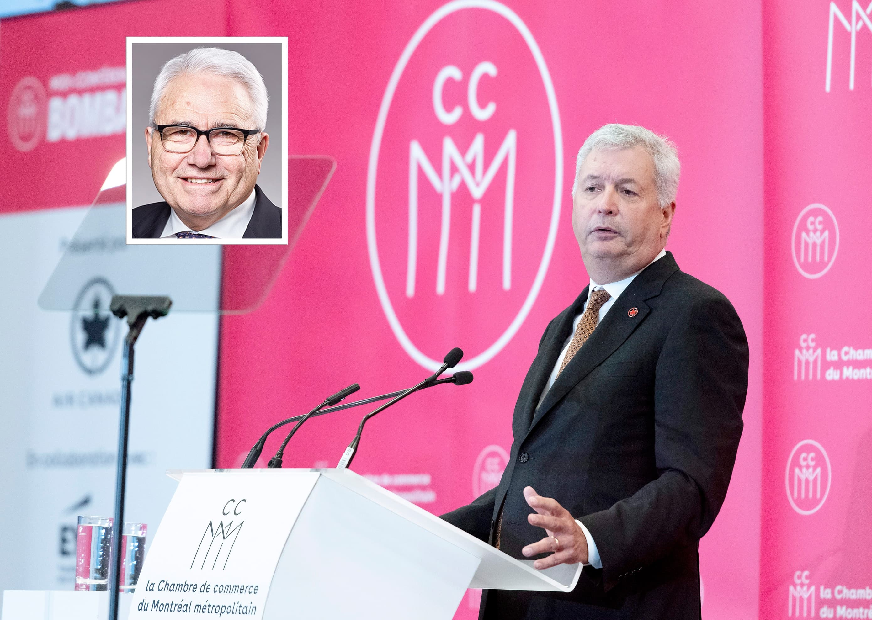 Le PDG d’Air Canada, Michael Rousseau, lorsqu’il a prononcé son discours en anglais à la CCMM, en novembre dernier. En mortaise, le commissaire aux langues officielles, Raymond Théberge.