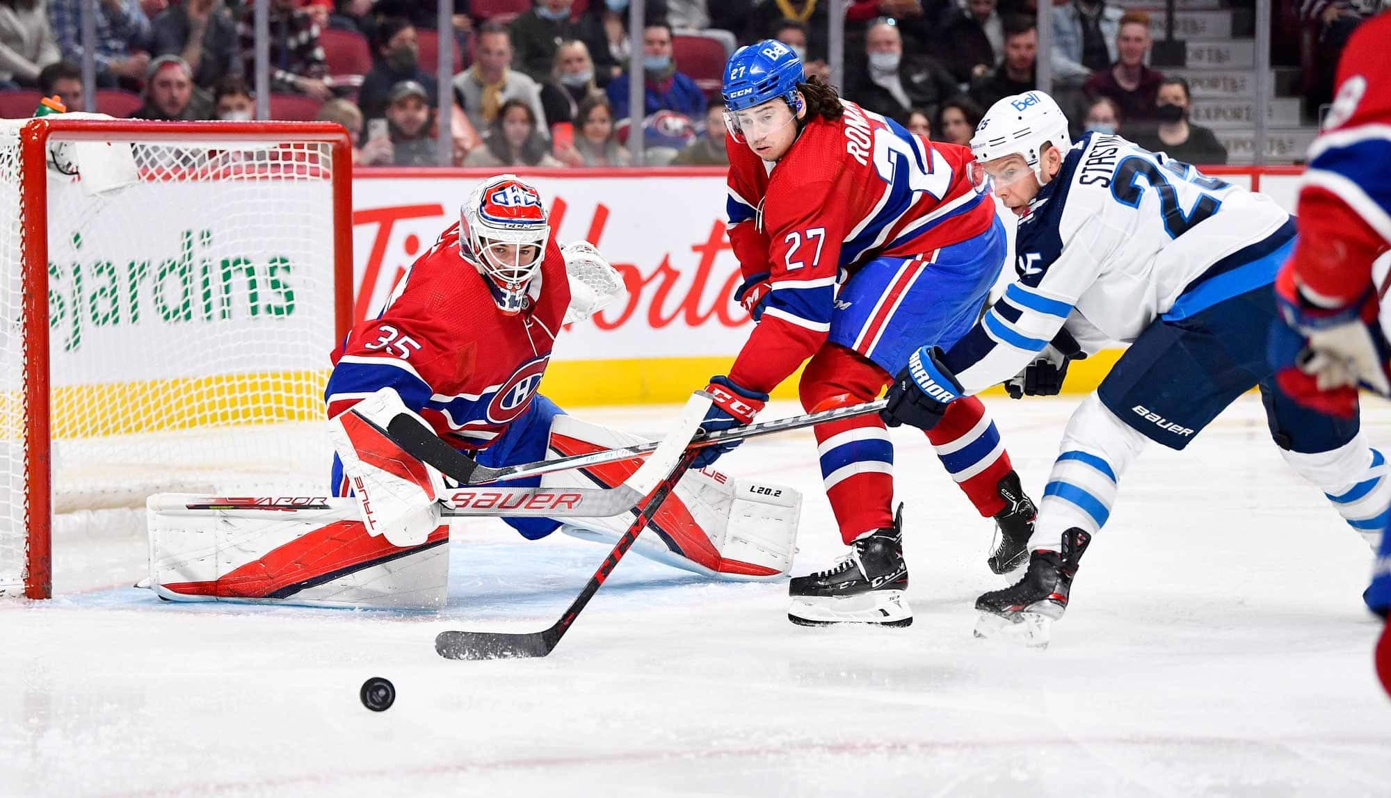 Samuel Montembeault a bloqué un lancer de Paul Stastny, pendant qu’Alexander Romanov semblait pousser un soupir de soulagement, lundi soir, au Centre Bell.
