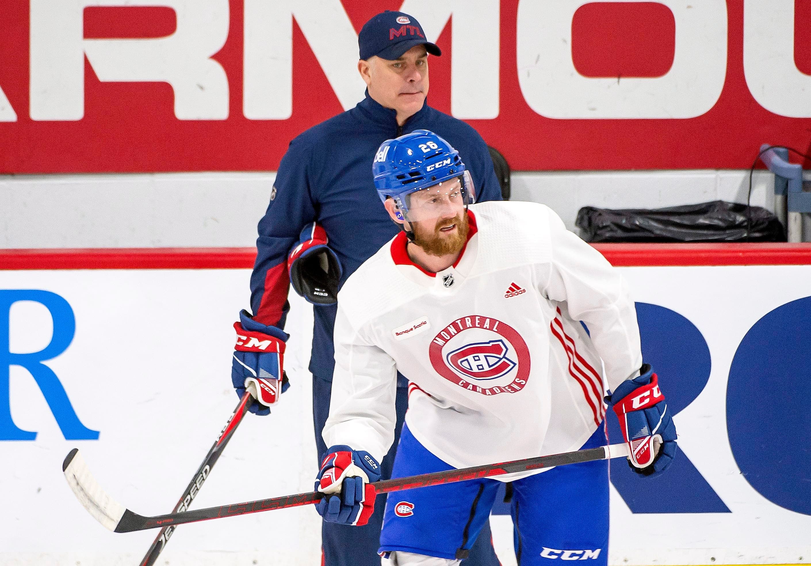 Dominique Ducharme et Jeff Petry lors d’un entraînement du CH au début du mois de février à Brossard.