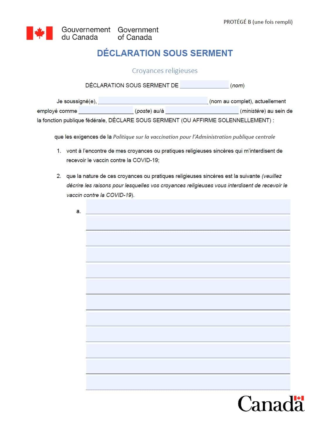 La première page de la déclaration que les fonctionnaires doivent remplir pour une exemption à la vaccination pour motifs religieux.