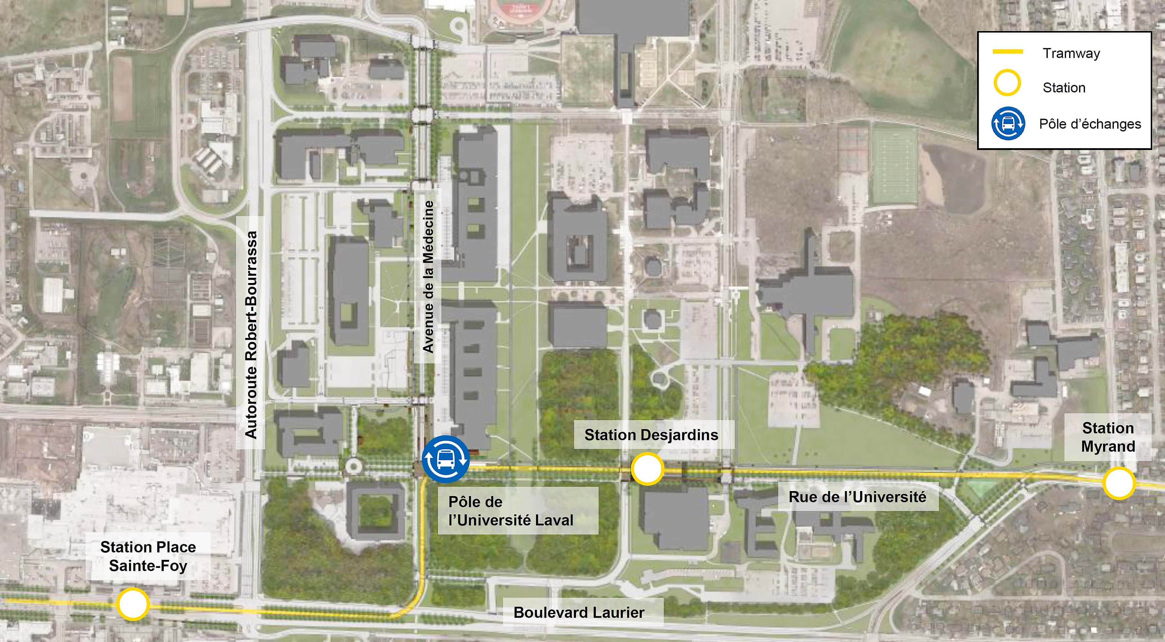 Voici le tracé du tramway sur le campus de l’Université Laval, dévoilé lundi.