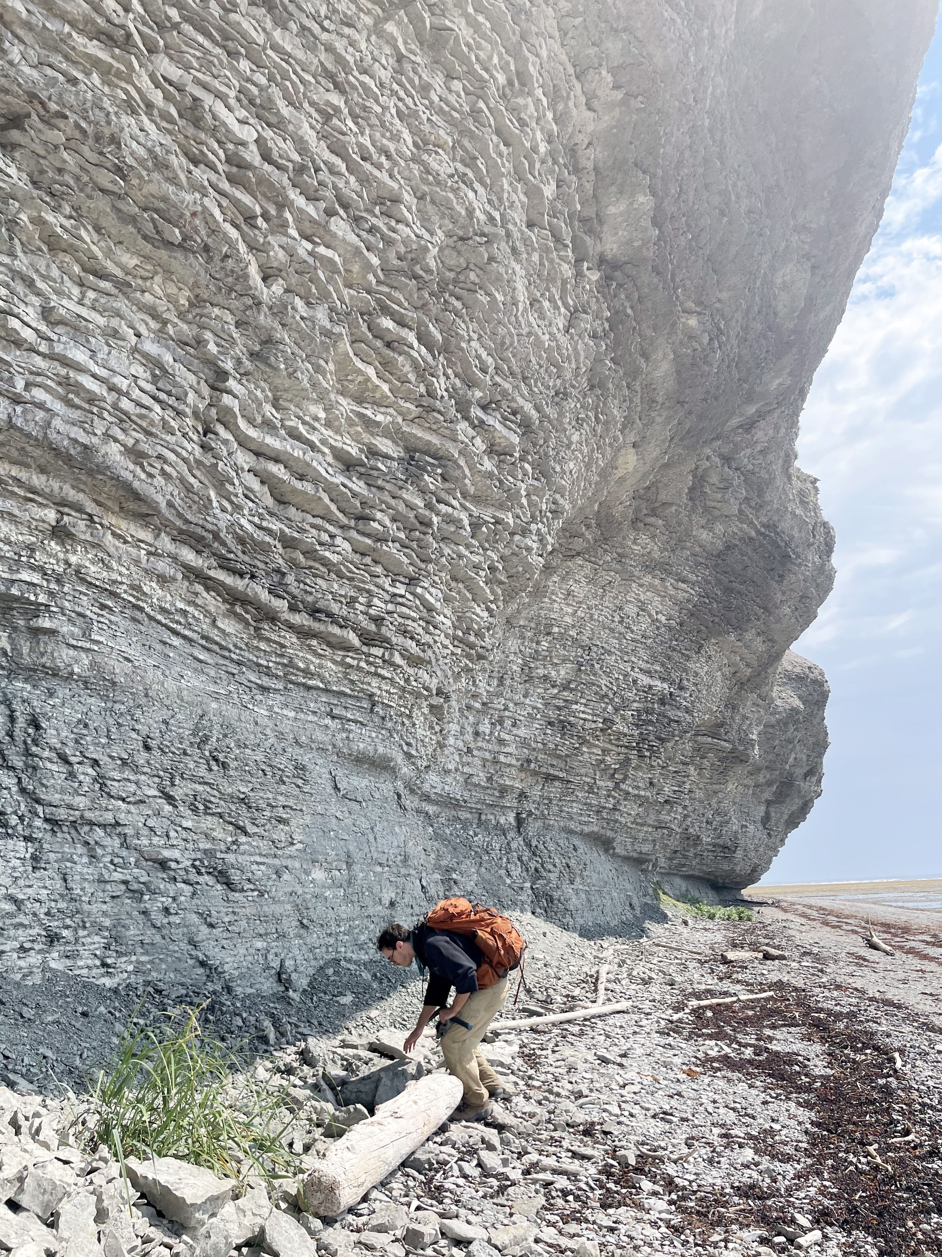 Joshua Zimmt découvre encore des fossiles intéressants à l’Anse-aux-Fraises après quatre séjours d’étude à Anticosti. Ce chercheur en paléobiologie a notamment publié dans la revue Science un article sur le tyrannosaure, mais à Anticosti, il revient à des temps bien plus anciens.