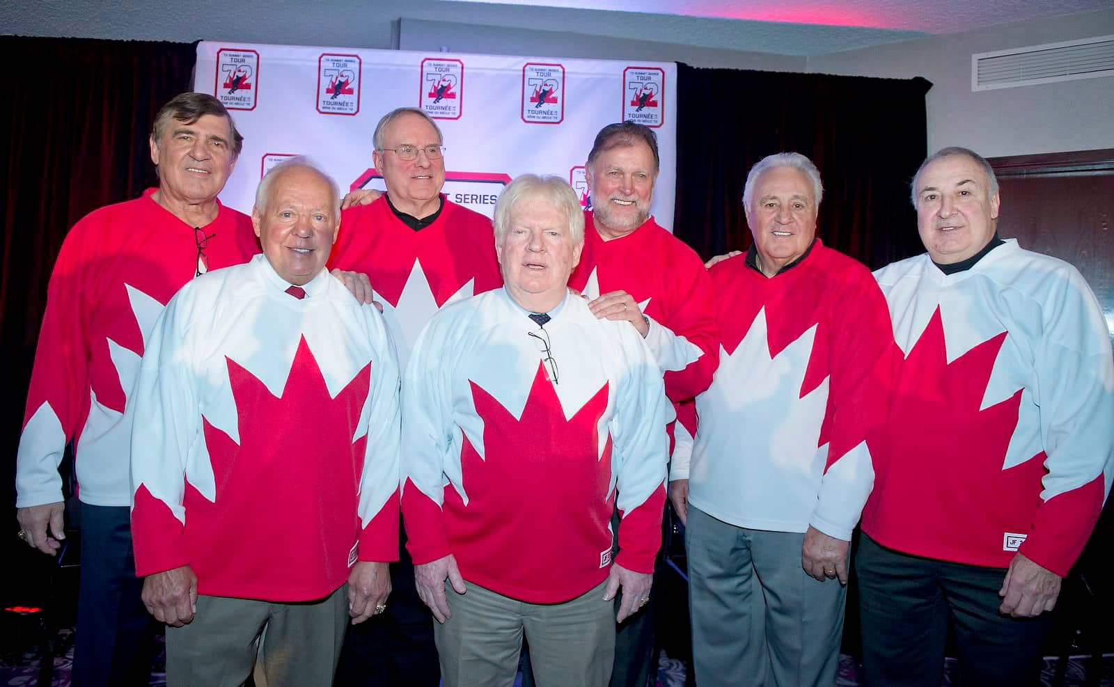 Serge Savard, Ken Dryden, Pete Mahovlich, Phil Esposito, Guy Lapointe, Yvan Cournoyer, Pat Stapleton