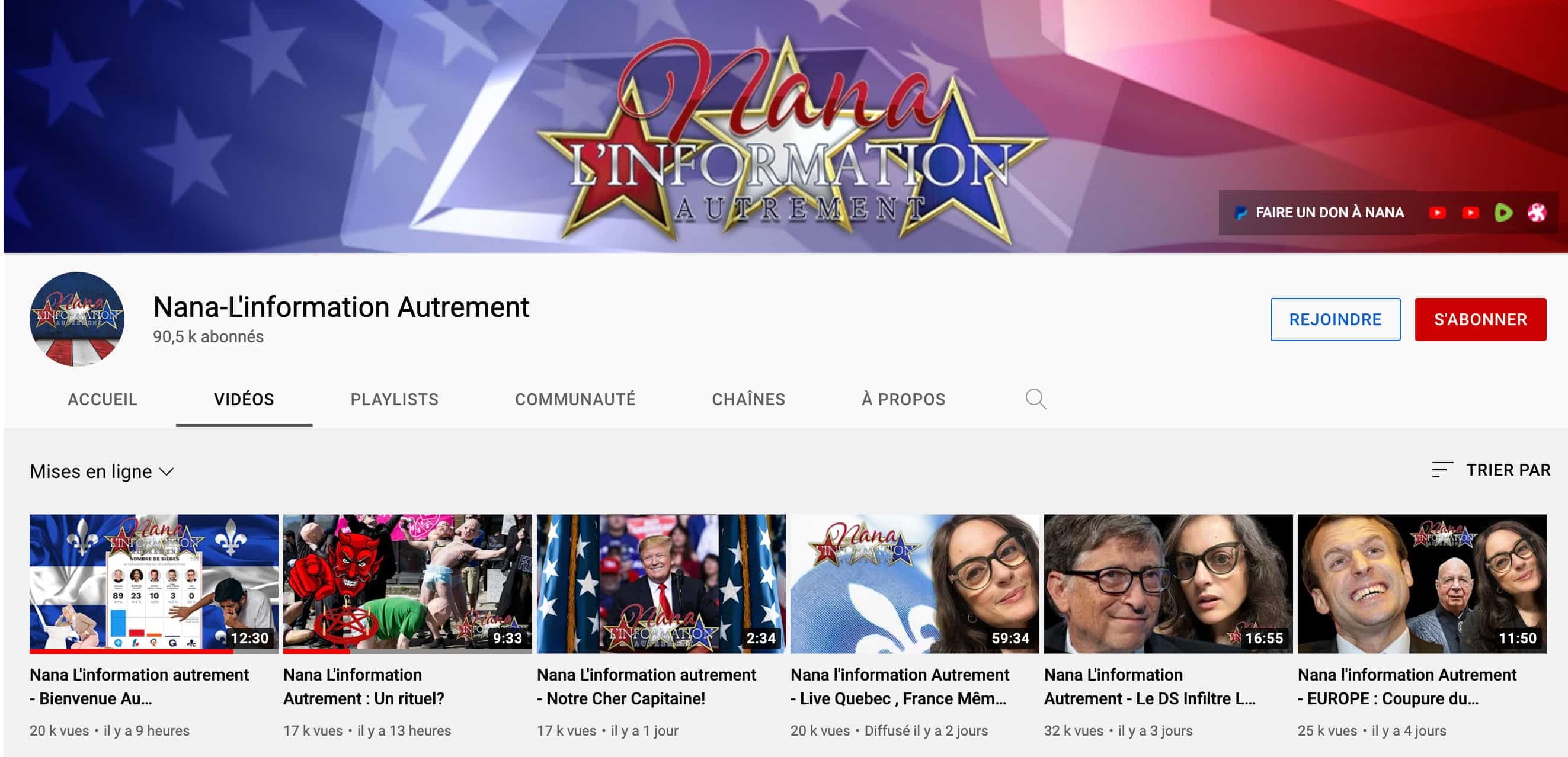 Chaîne YouTube de Nana L’information Autrement où la complotiste partage principalement ses vidéos.
