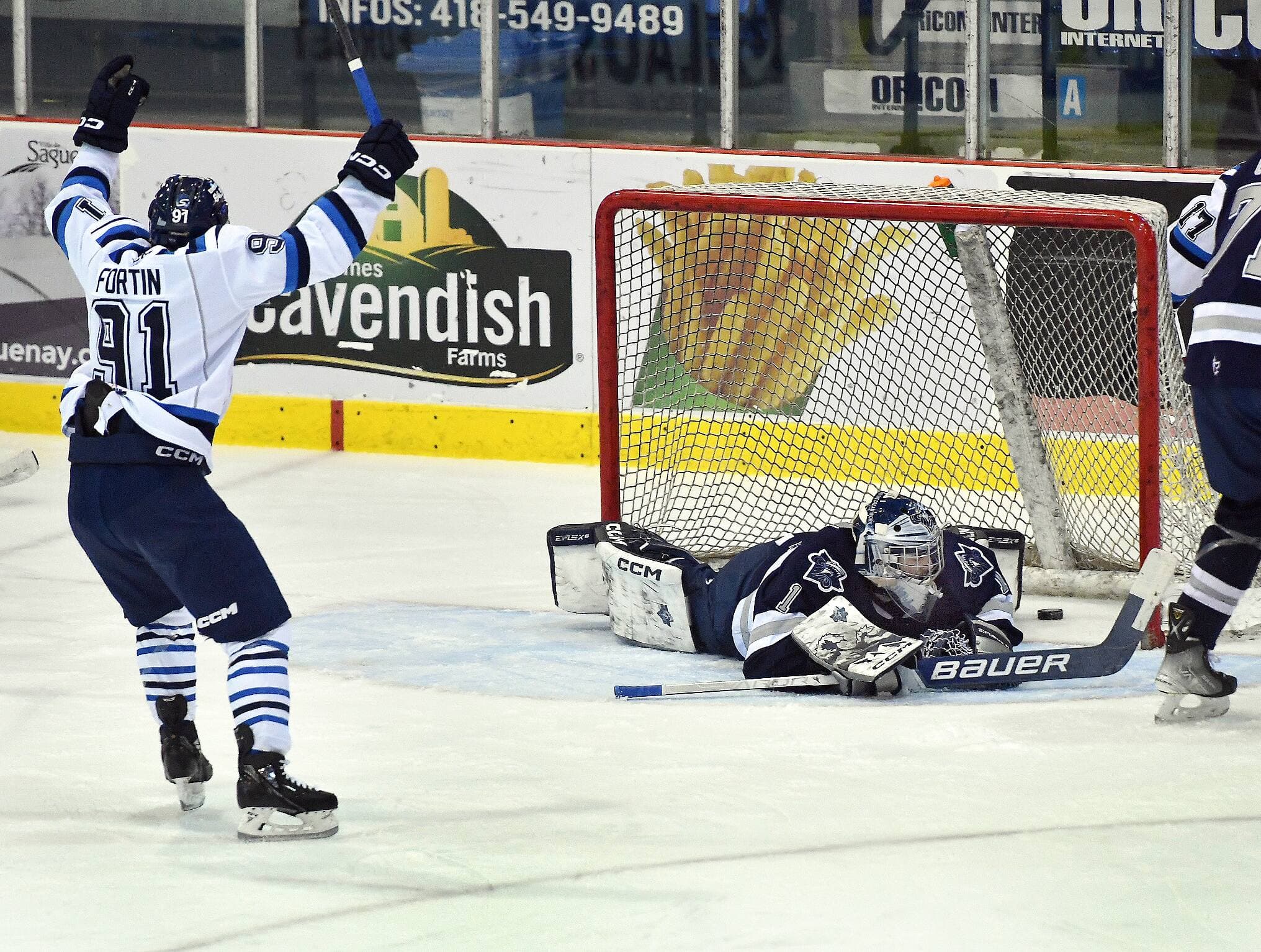 Le vétéran des Saguenéens de Chicoutimi, Fabrice Fortin célèbre un but des siens face à l’Océanic de Rimouski.