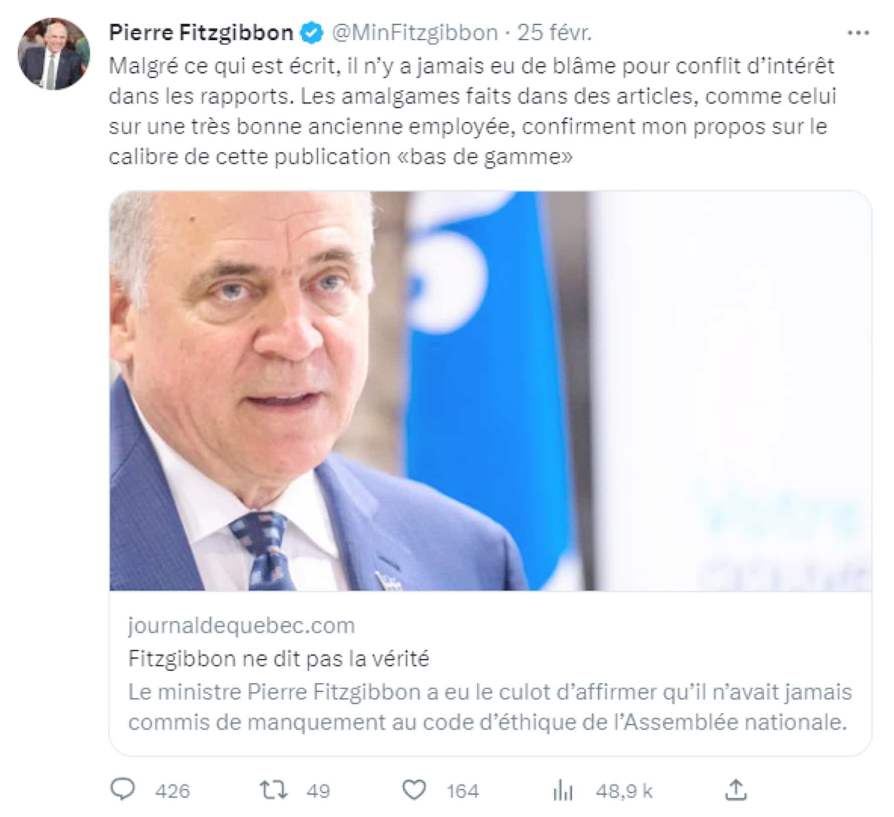 Capture d'écran du fil Twitter de Pierre Fitzgibbon