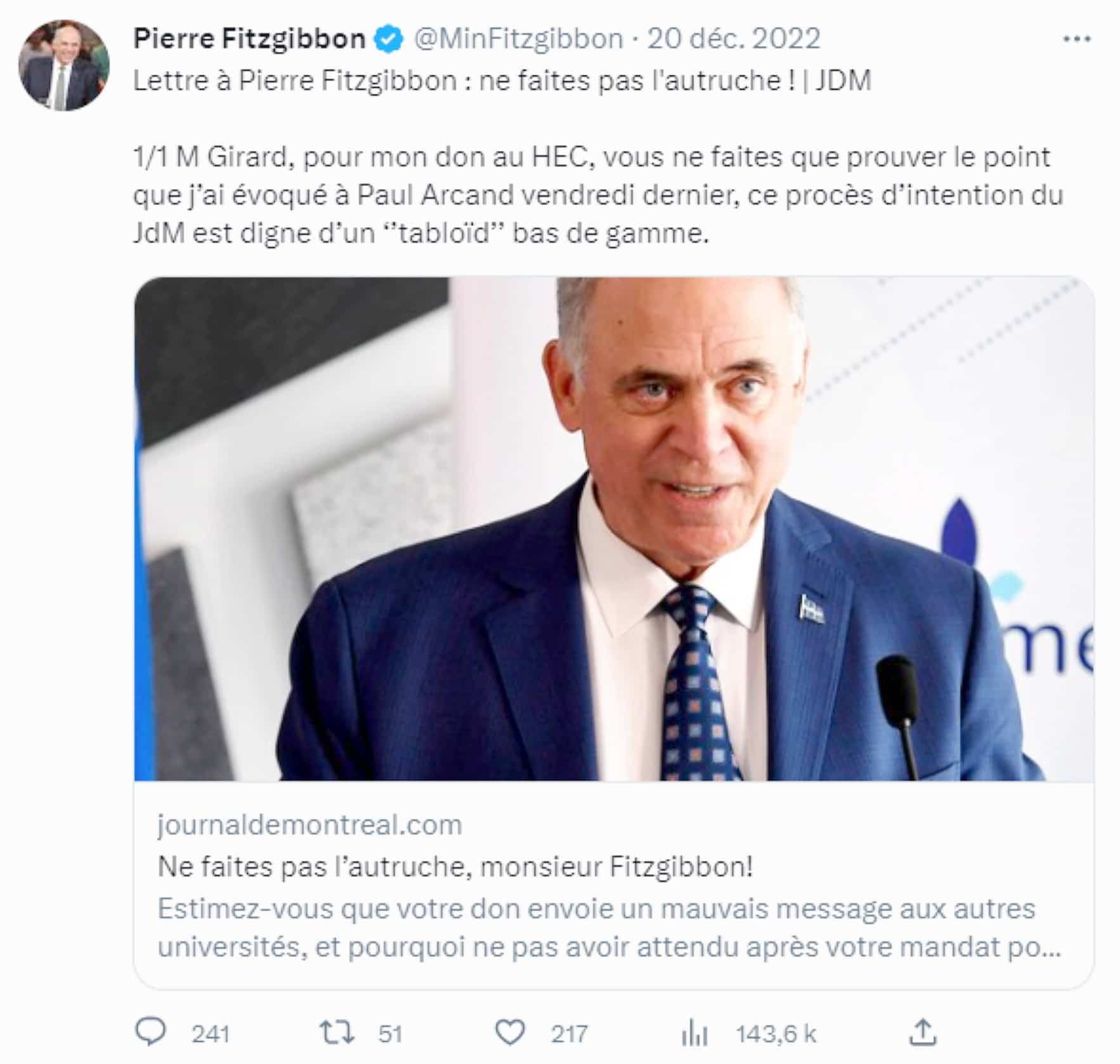 Capture d'écran du fil Twitter de Pierre Fitzgibbon