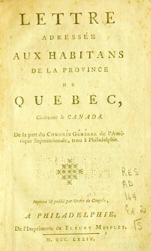 Voici la lettre adressée aux habitants de la Province de Québec, en 1774.