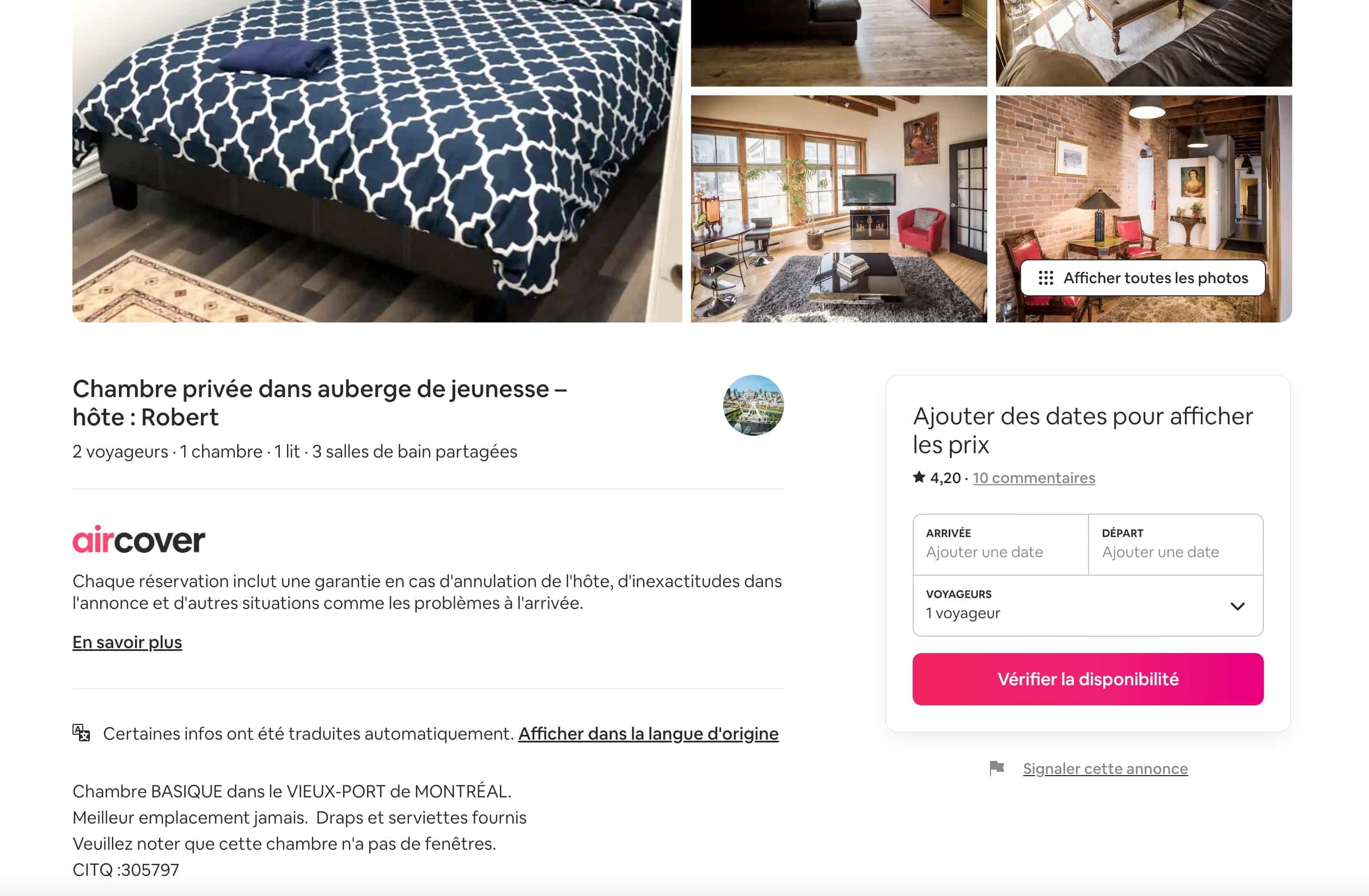 Chambre sans fenêtre à louer sur Airbnb au 402 rue Notre-Dame Est à Montréal.