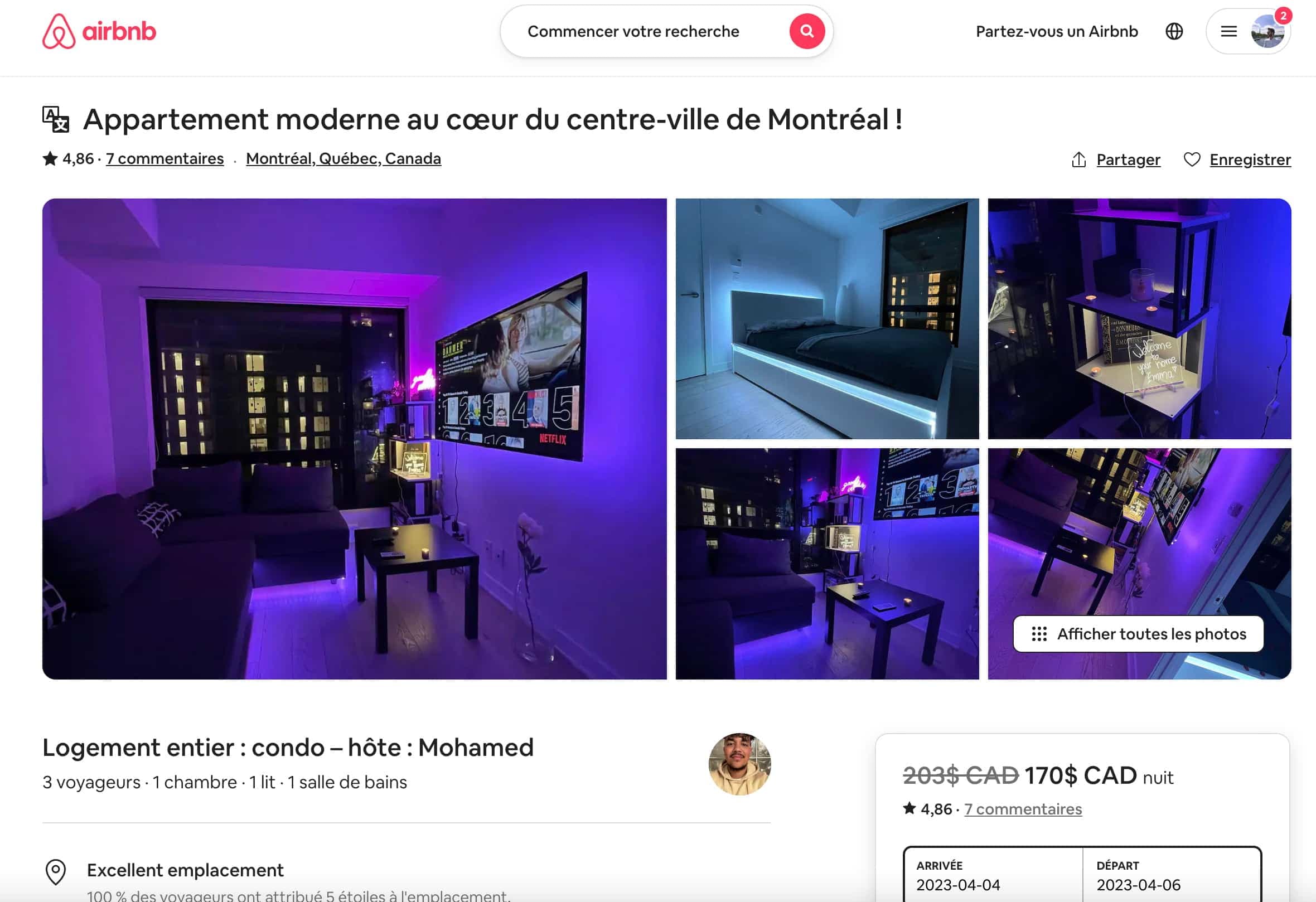 Capture d'écran du site Airbnb
