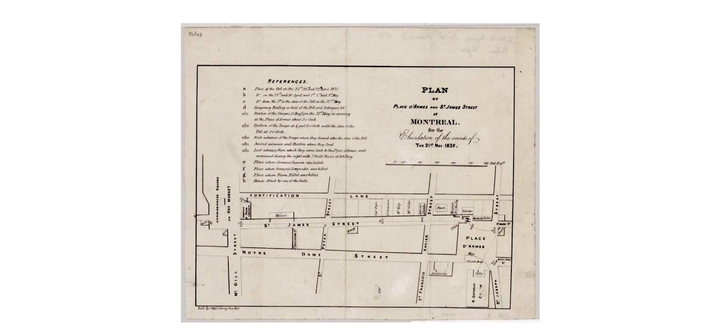 Plan de la place d’Armes. La version de ce plan a été dessinée spécifiquement pour élucider les événements du 21 mai 1832.