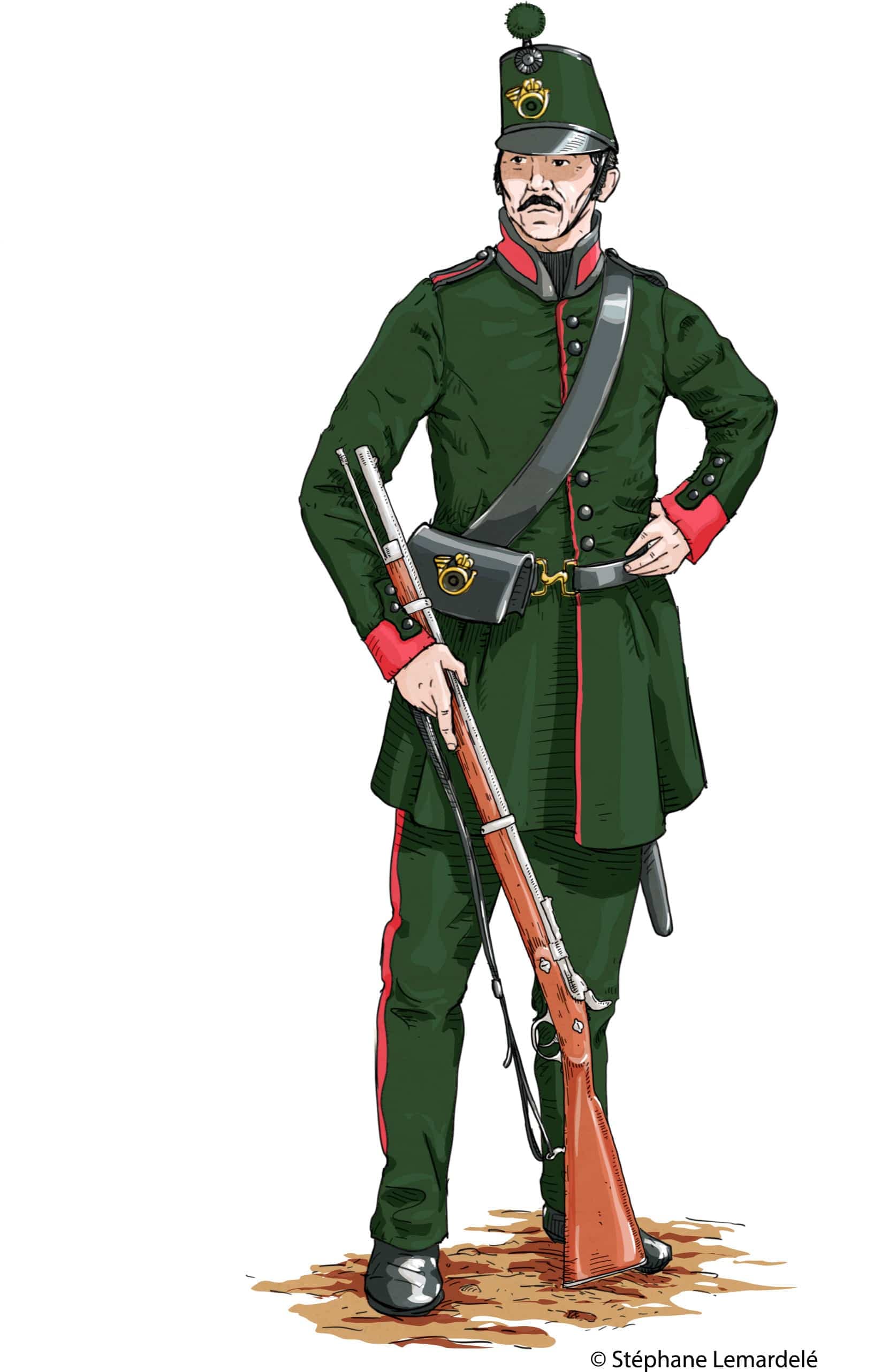 Illustration de Thomas Lake en uniforme du Royal Canadian Rifle. Les soldats britanniques étaient tenus de garder une apparence impeccable en tout temps.