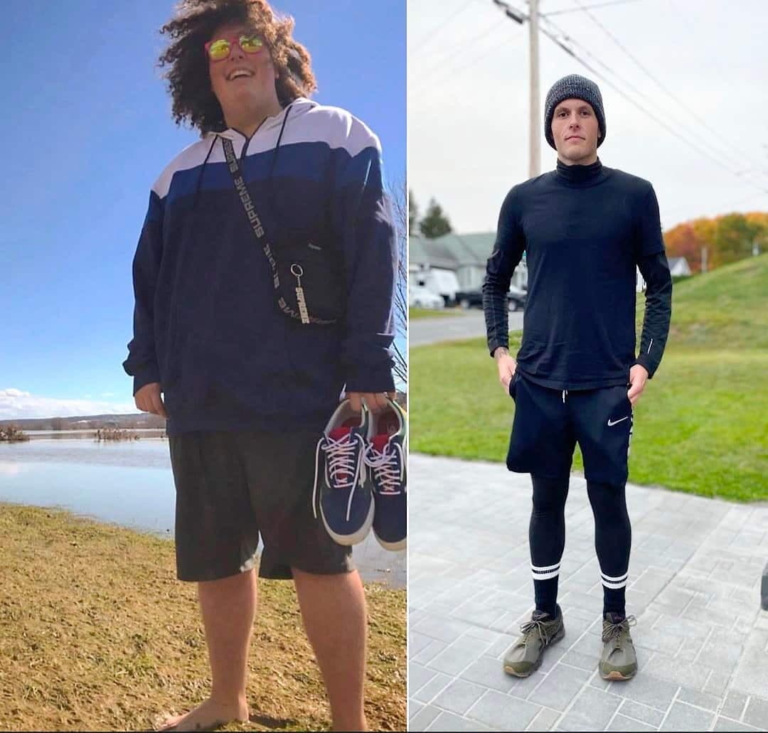 À gauche, Antoine Dupuis juste avant sa perte de poids. Il pesait alors 330 lb, en septembre 2019. À droite, le coureur après avoir perdu quelque 150 lb. La photo a été prise en juin 2020.